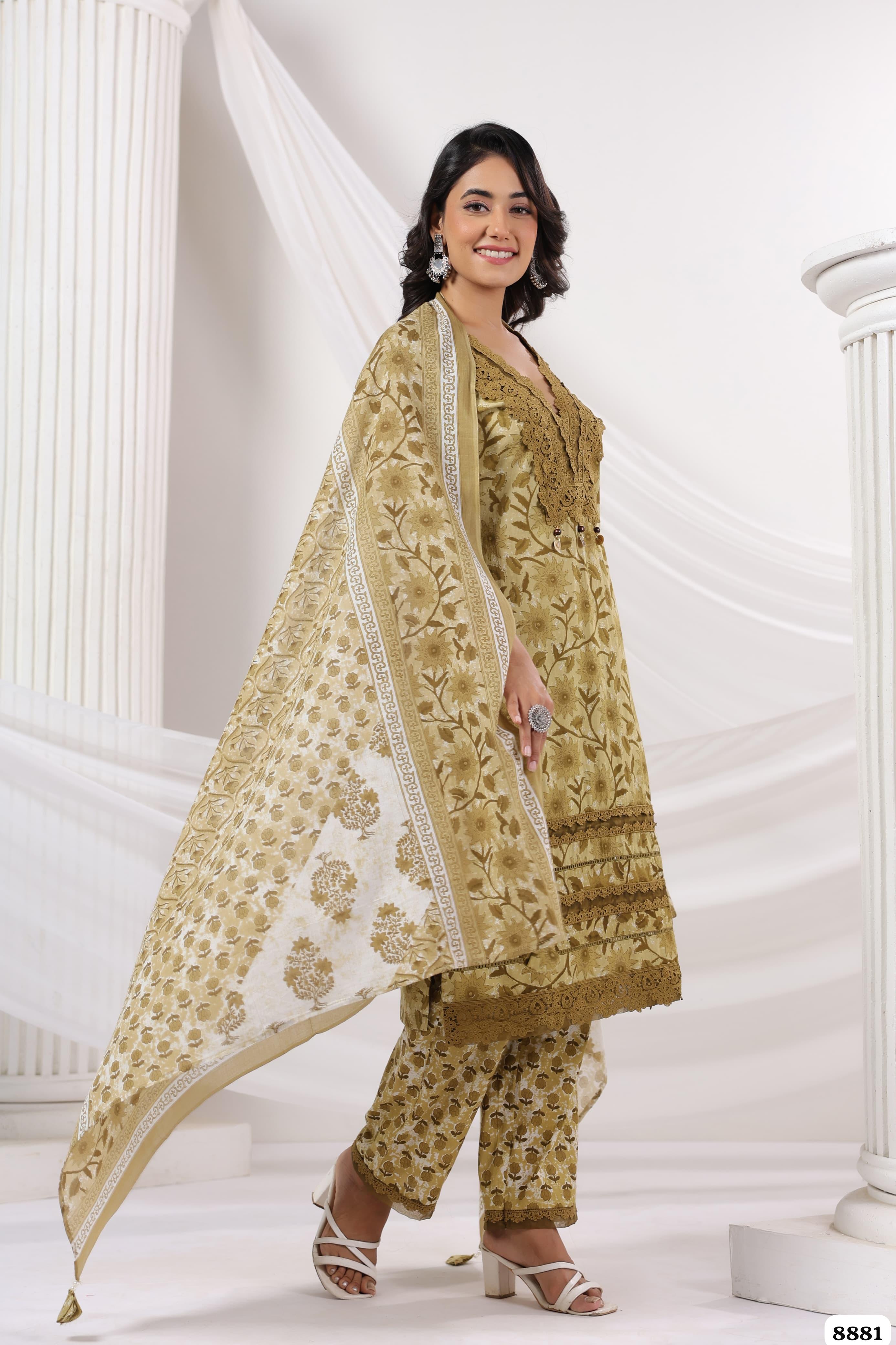 Olive Green Cotton Printed Ready made Crocia Laces - Set of 3 {8881}