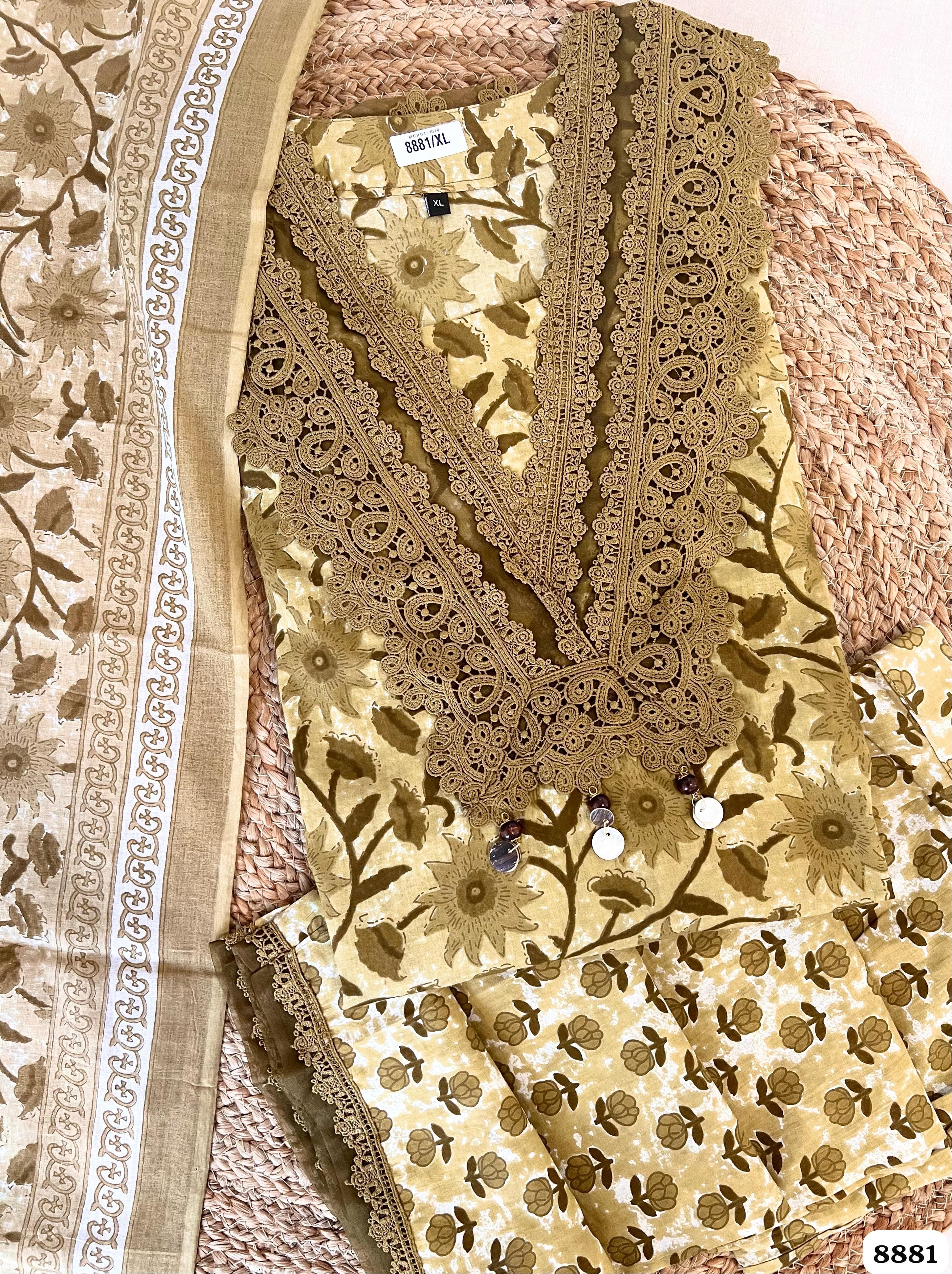 Olive Green Cotton Printed Ready made Crocia Laces - Set of 3 {8881}