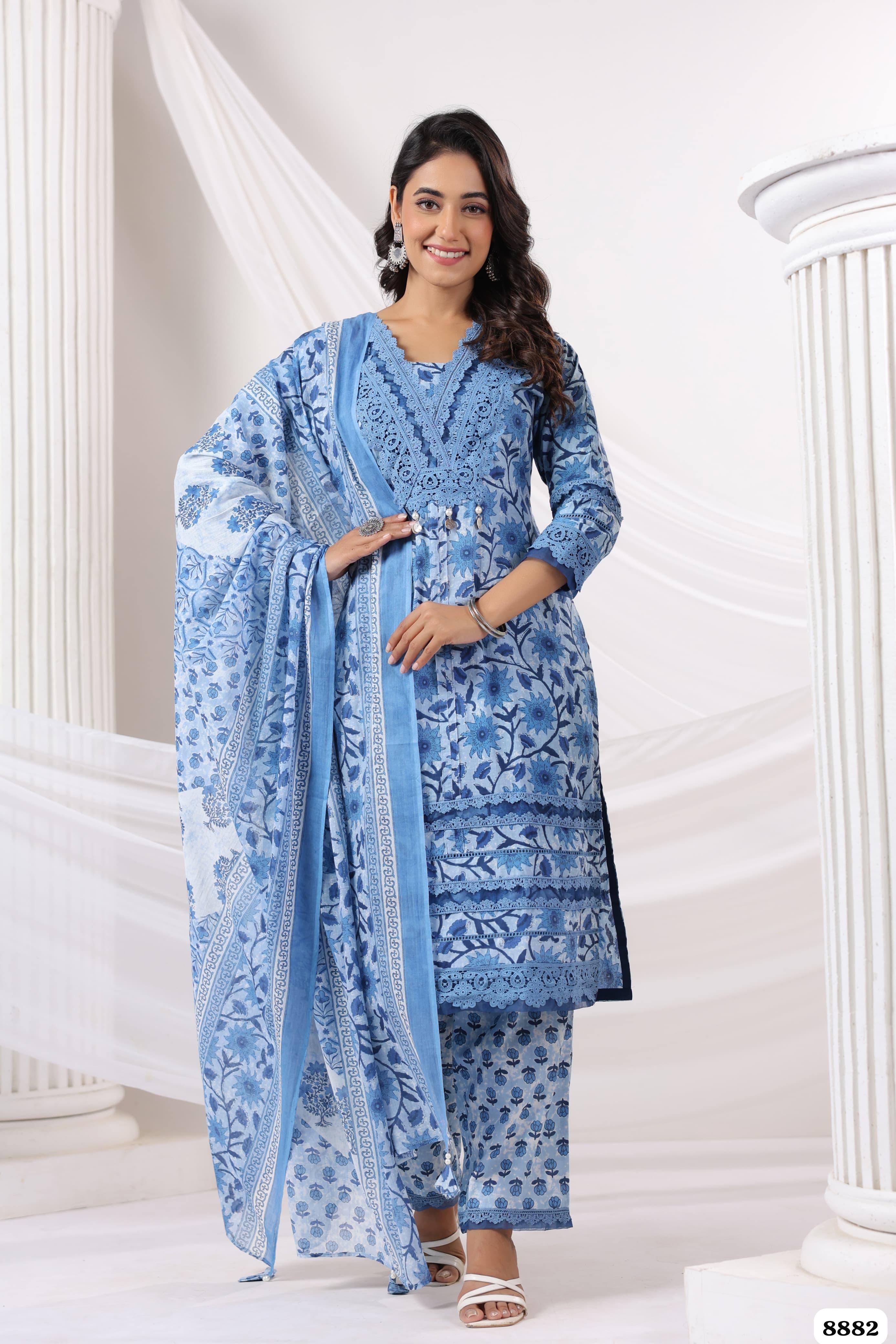 Blue Cotton Printed Ready made Crocia Laces - Set of 3 {8882}