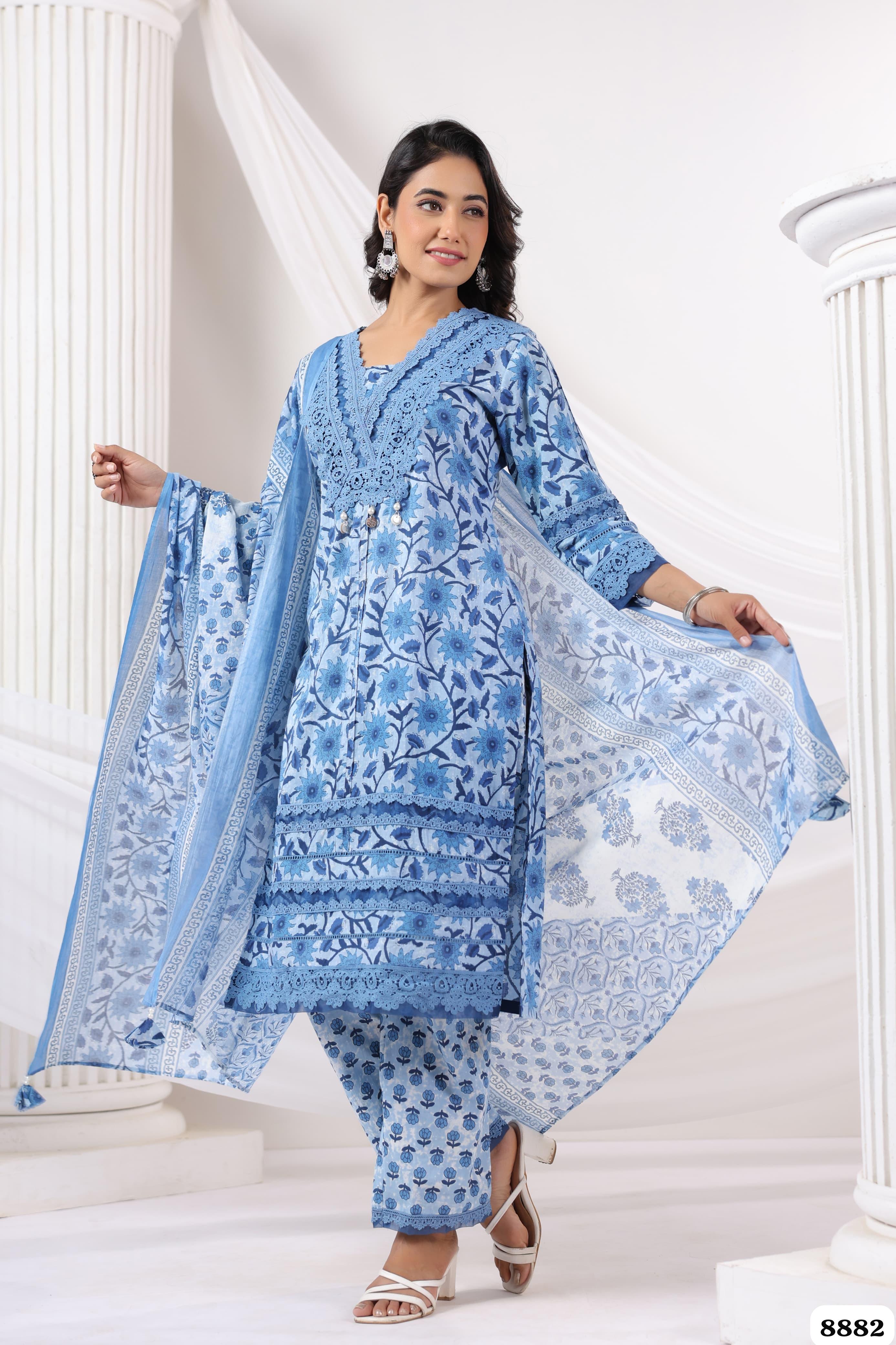 Blue Cotton Printed Ready made Crocia Laces - Set of 3