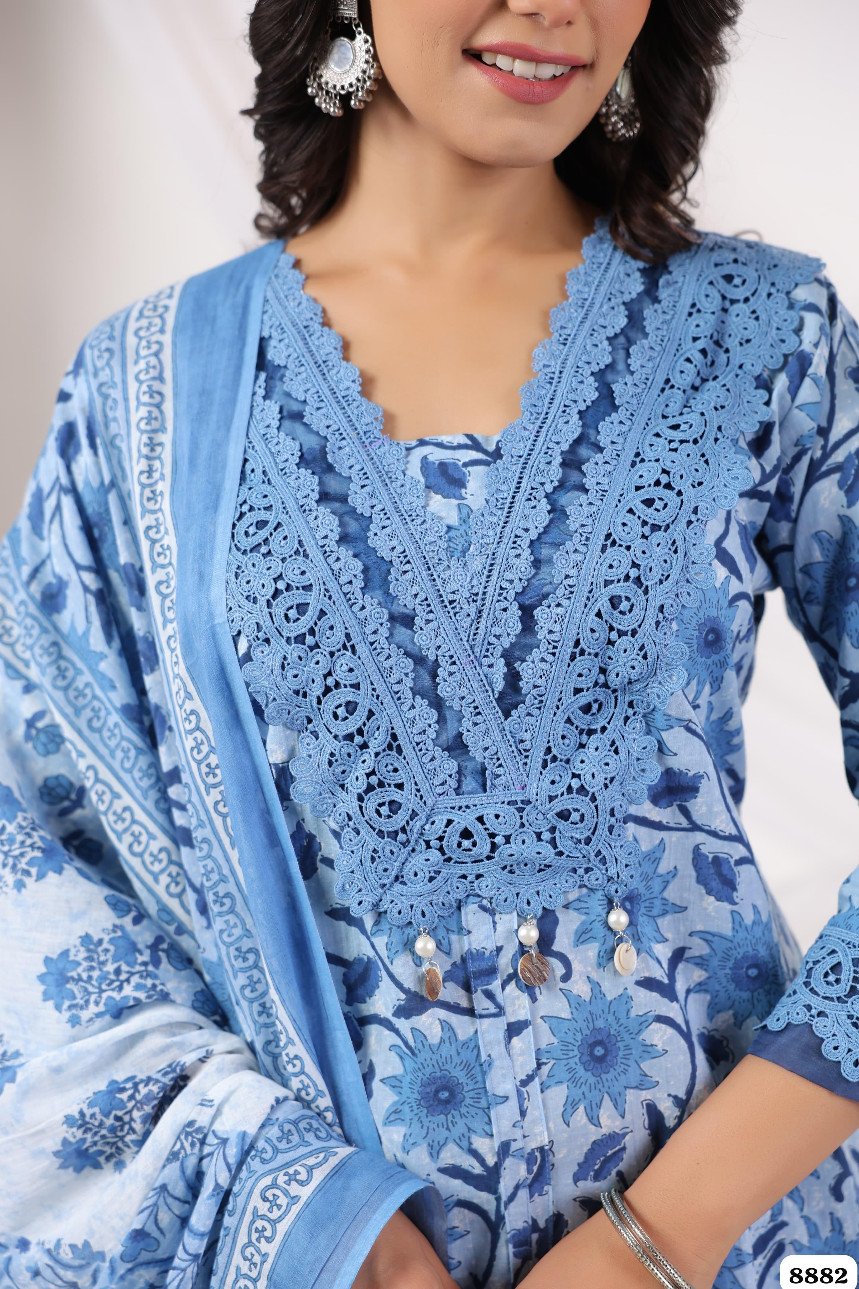 Blue Cotton Printed Ready made Crocia Laces - Set of 3 {8882}