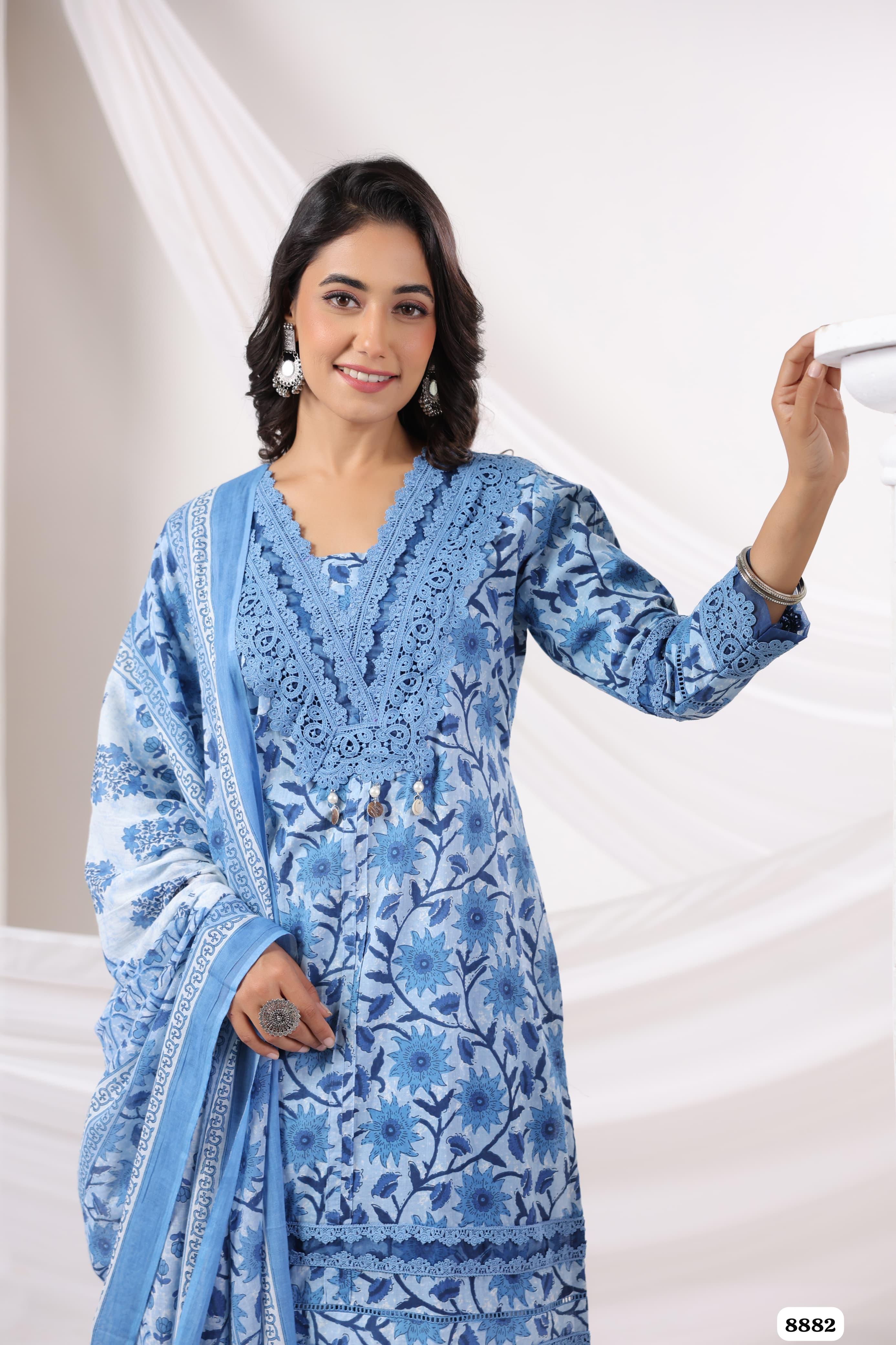 Blue Cotton Printed Ready made Crocia Laces - Set of 3 {8882}