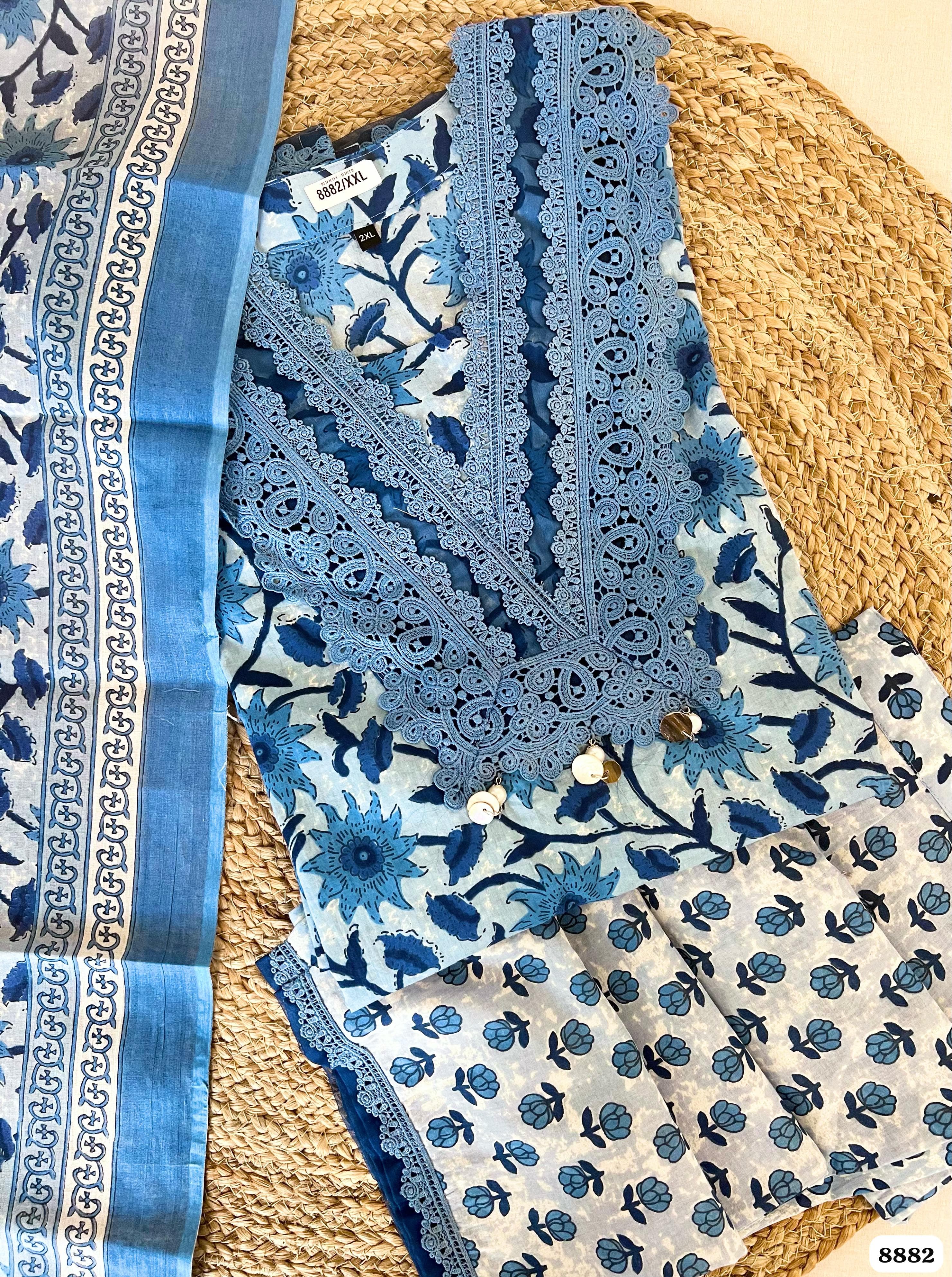 Blue Cotton Printed Ready made Crocia Laces - Set of 3 {8882}