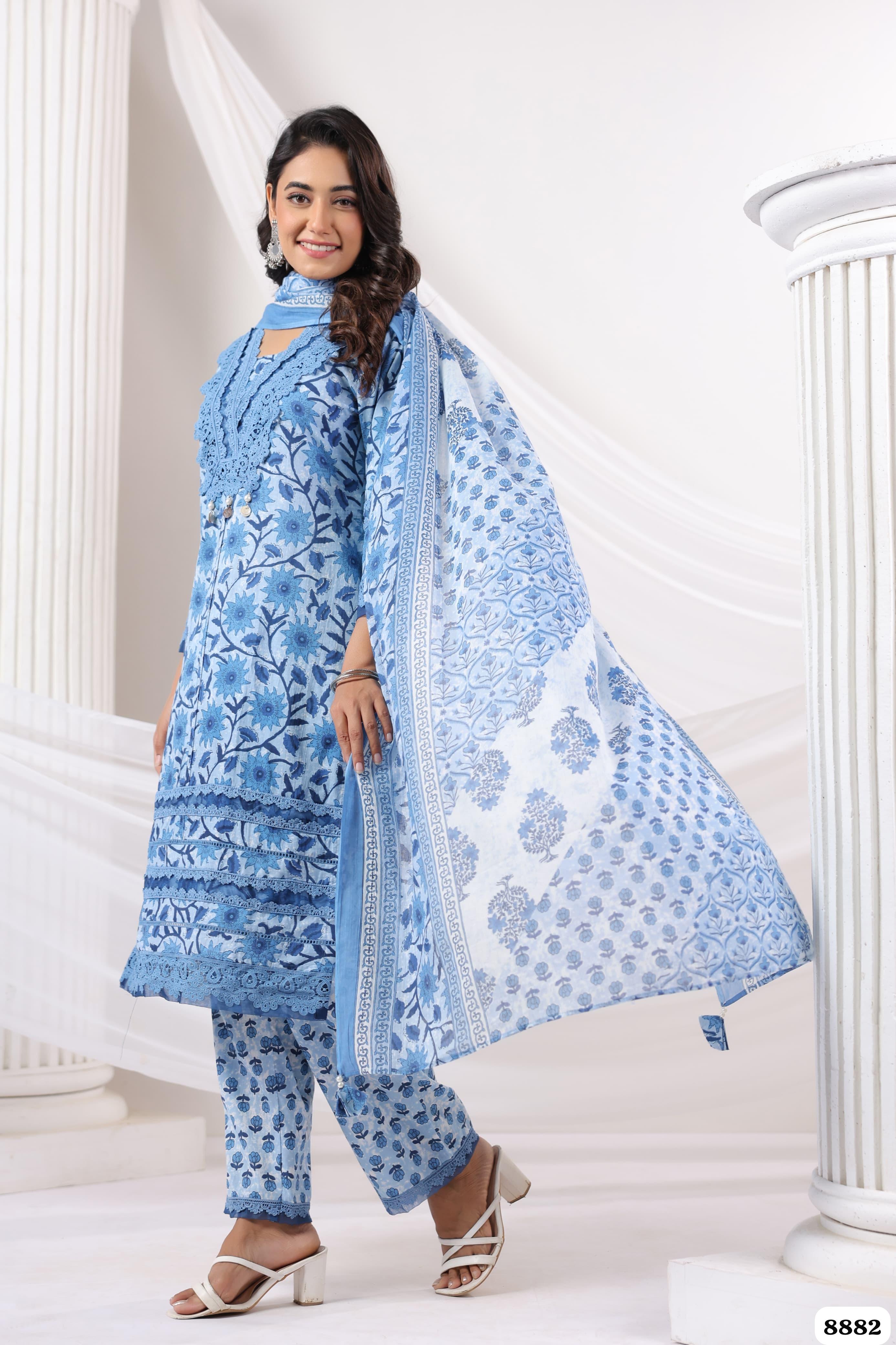 Blue Cotton Printed Ready made Crocia Laces - Set of 3 {8882}