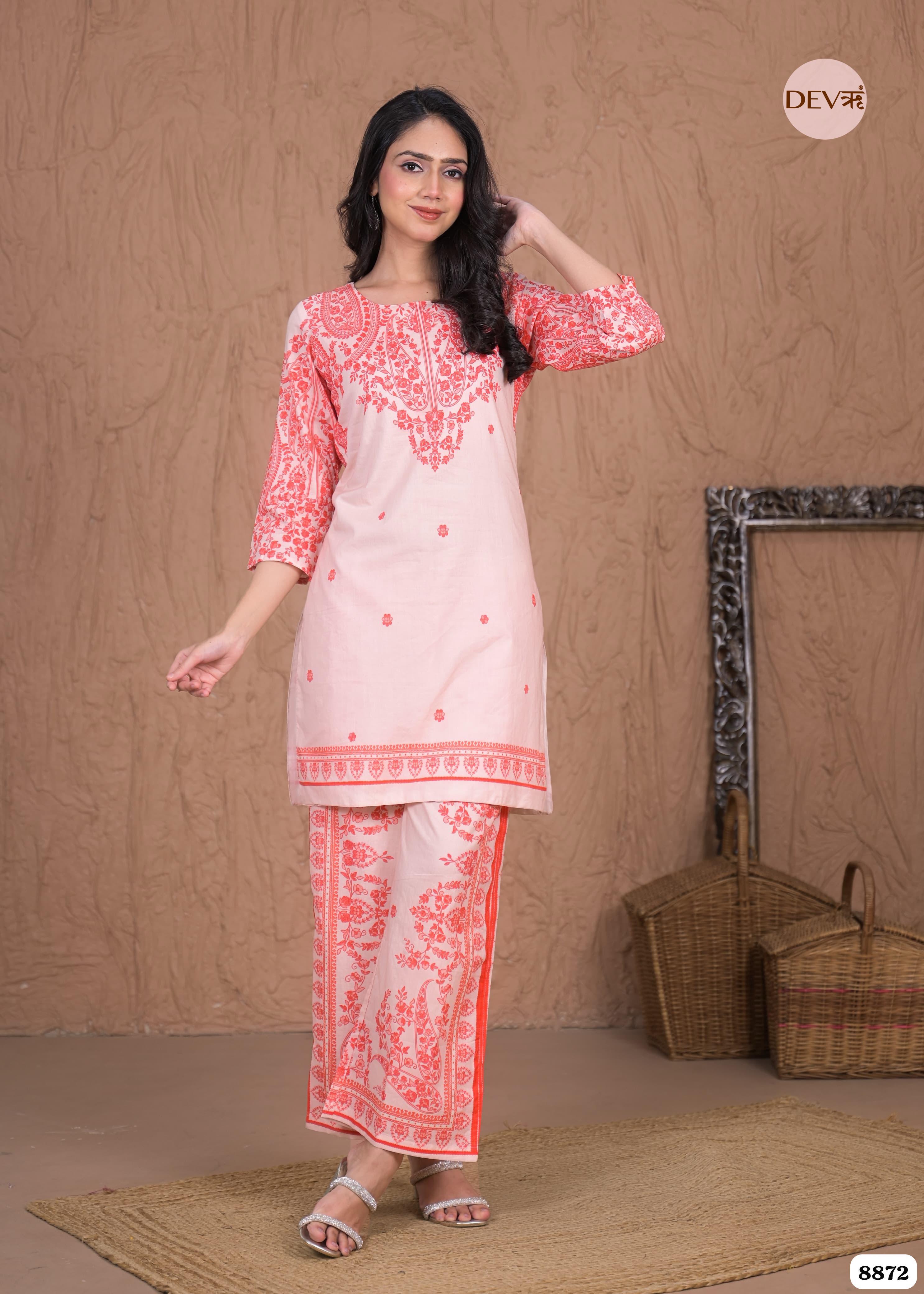 Red and Pink Mul Cotton Pakistani Printed Sleeves Lining Co-Ord -Set of 2 {8872}