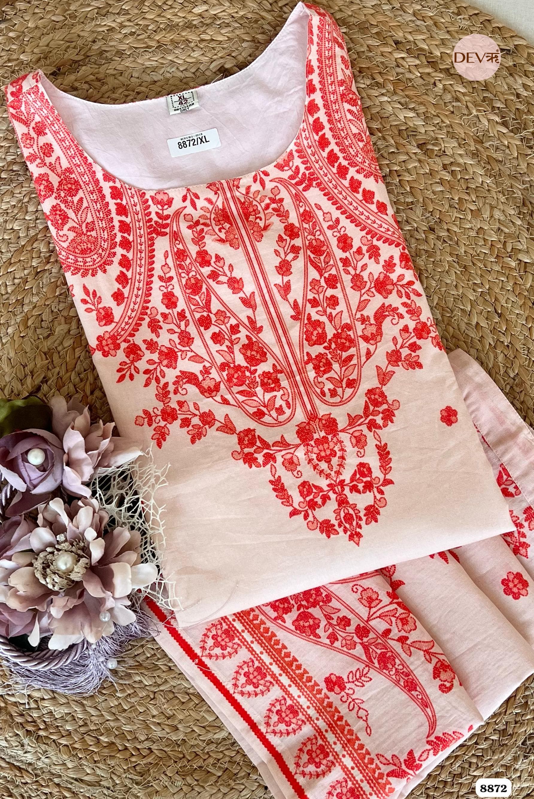 Red and Pink Mul Cotton Pakistani Printed Sleeves Lining Co-Ord -Set of 2 {8872}