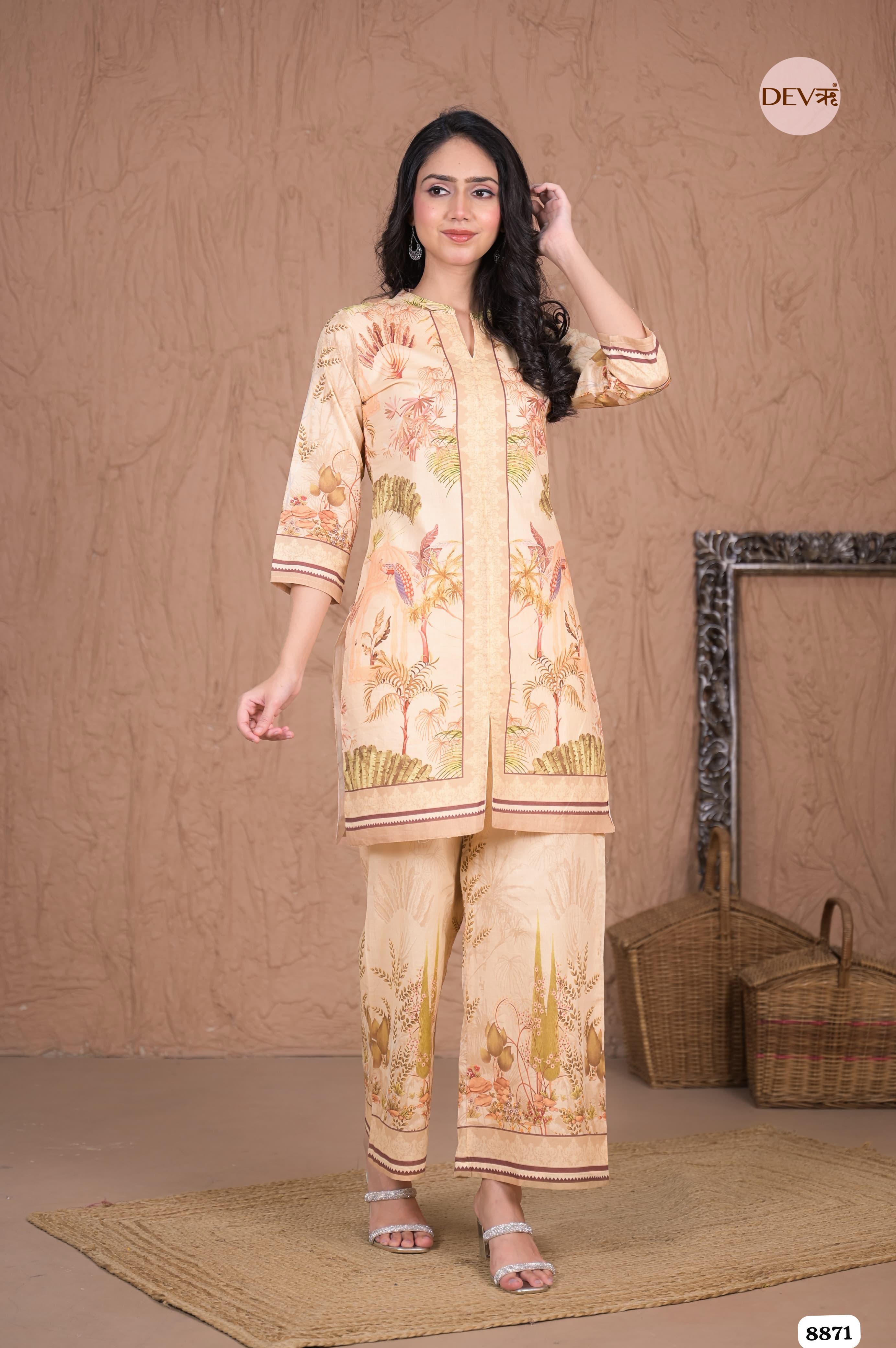 Muted Beige Mul Cotton Pakistani Printed Sleeves Lining Co-Ord -Set of 2 {8871}