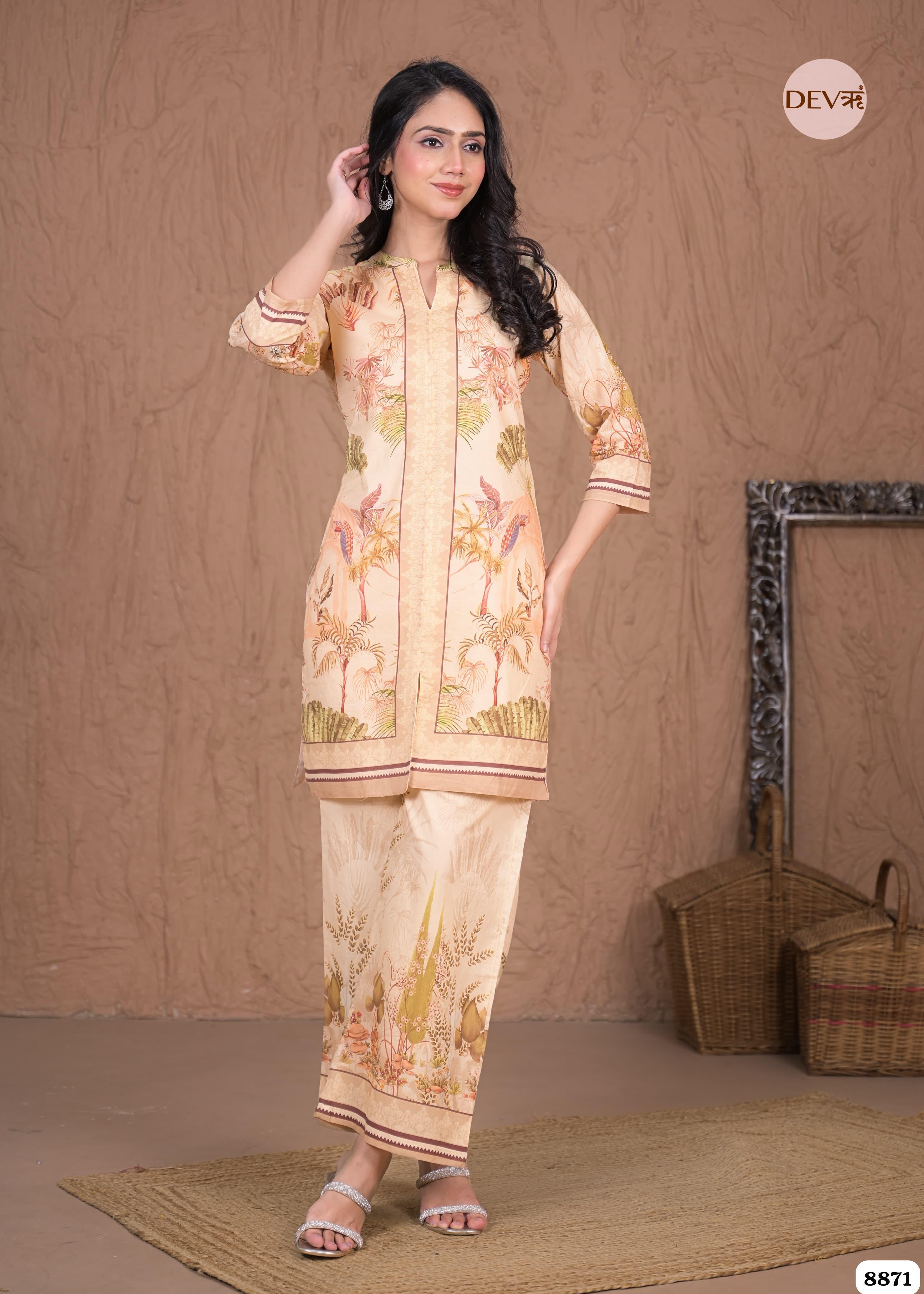 Muted Beige Mul Cotton Pakistani Printed Sleeves Lining Co-Ord -Set of 2 {8871}