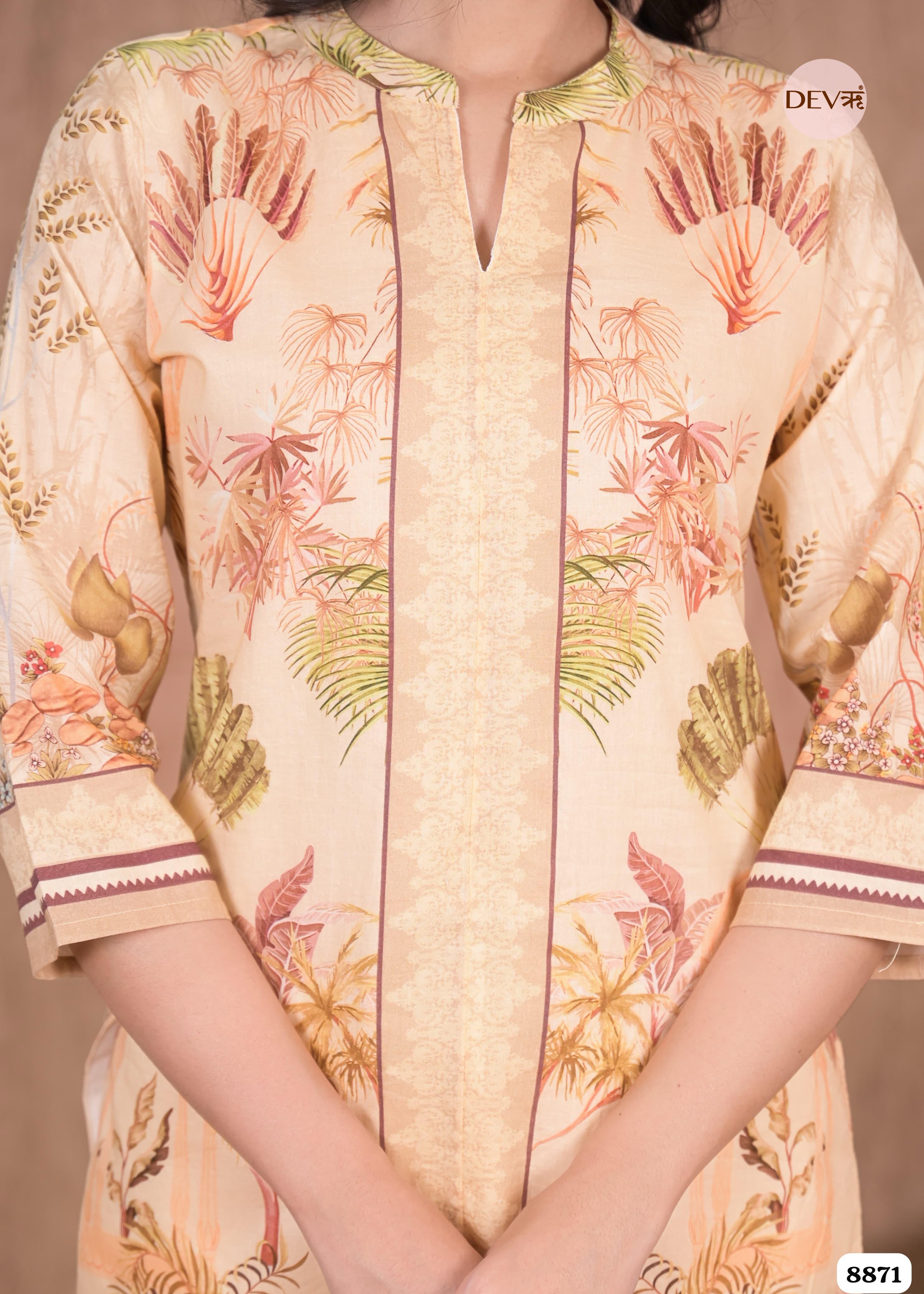 Muted Beige Mul Cotton Pakistani Printed Sleeves Lining Co-Ord -Set of 2 {8871}