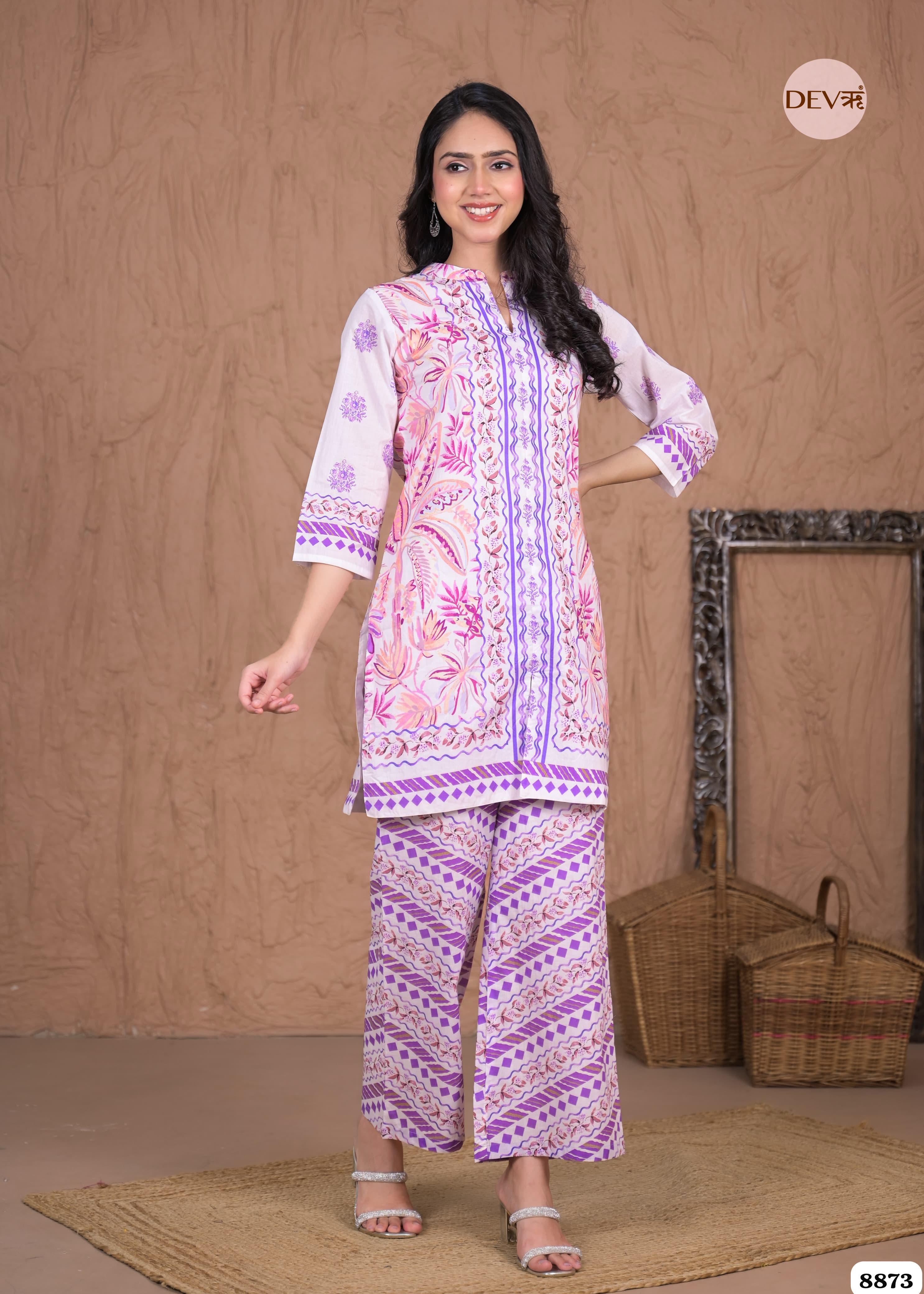 Pink Mul Cotton Pakistani Printed Sleeves Lining Co-Ord -Set of 2 {8873}