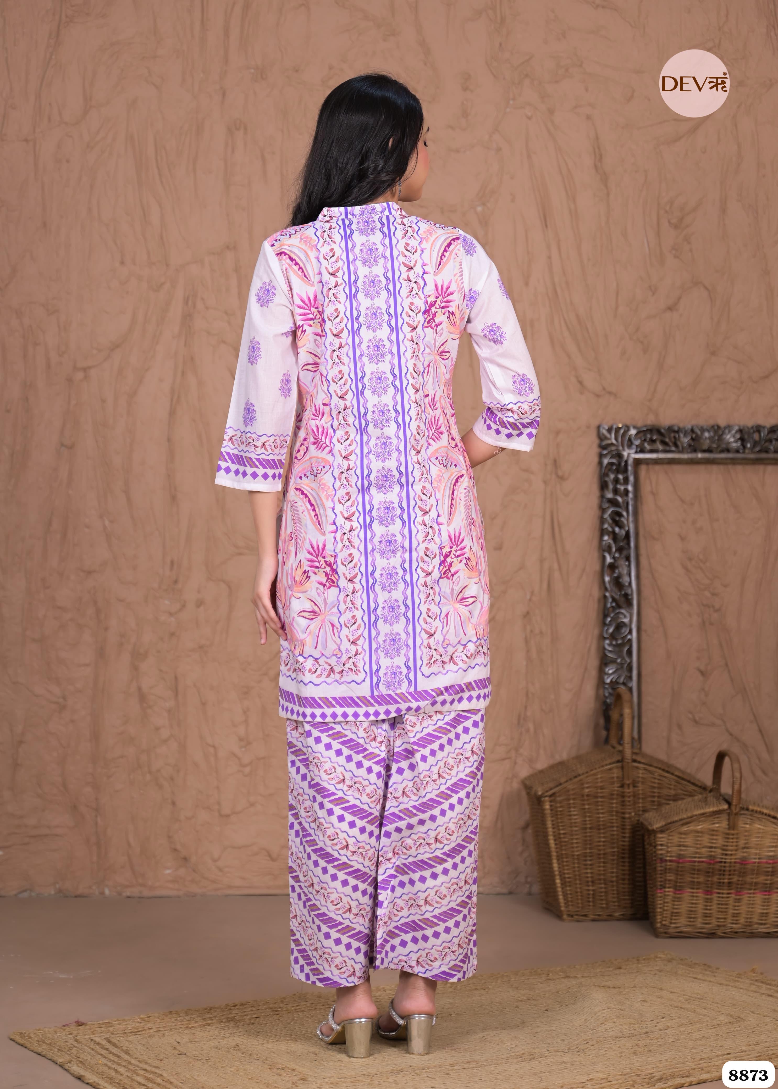 Pink Mul Cotton Pakistani Printed Sleeves Lining Co-Ord -Set of 2 {8873}