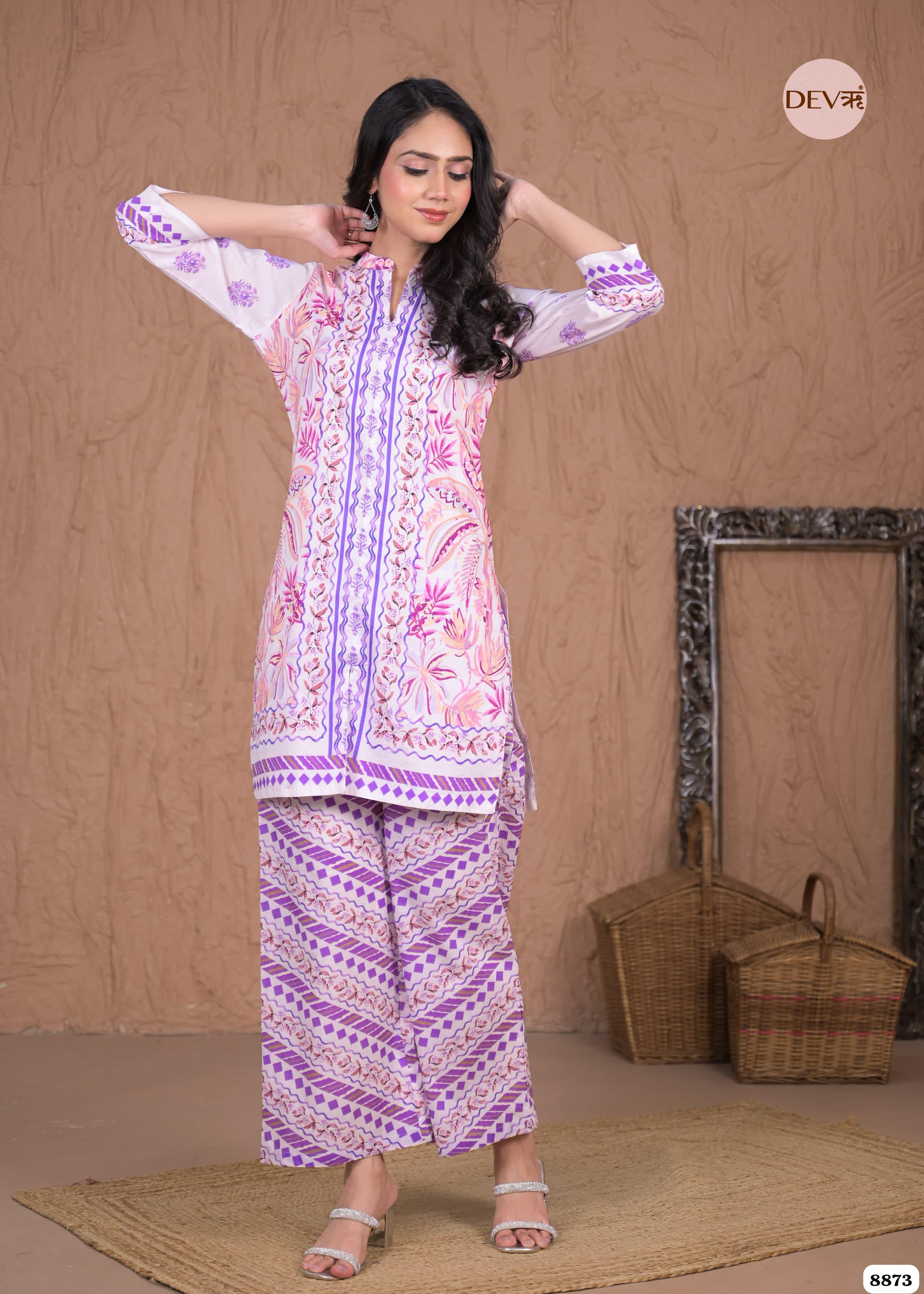 Pink Mul Cotton Pakistani Printed Sleeves Lining Co-Ord -Set of 2 {8873}