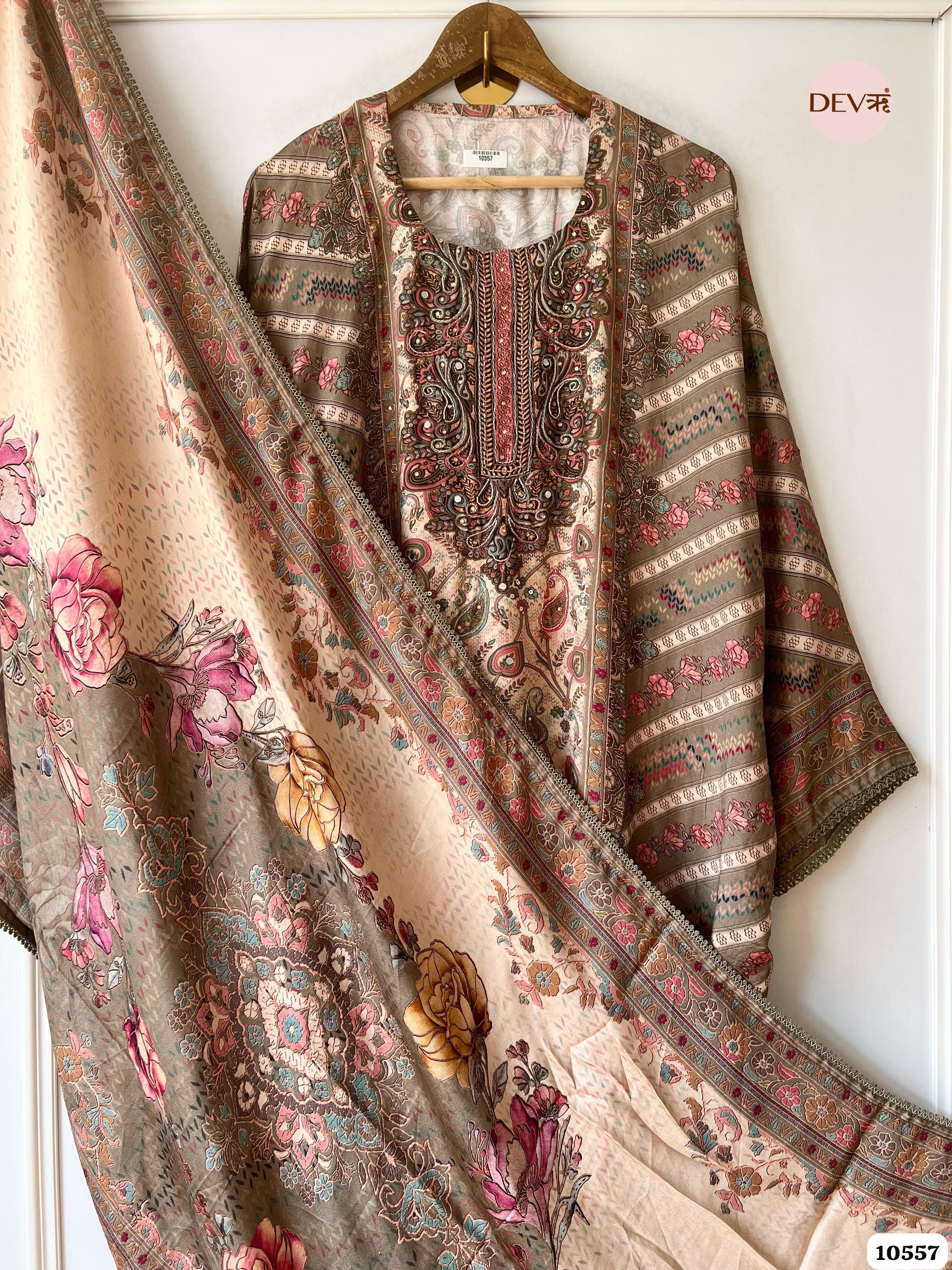 Brown Muslin Semi Stitched Printed Hand Embroidered -Set Of 3
