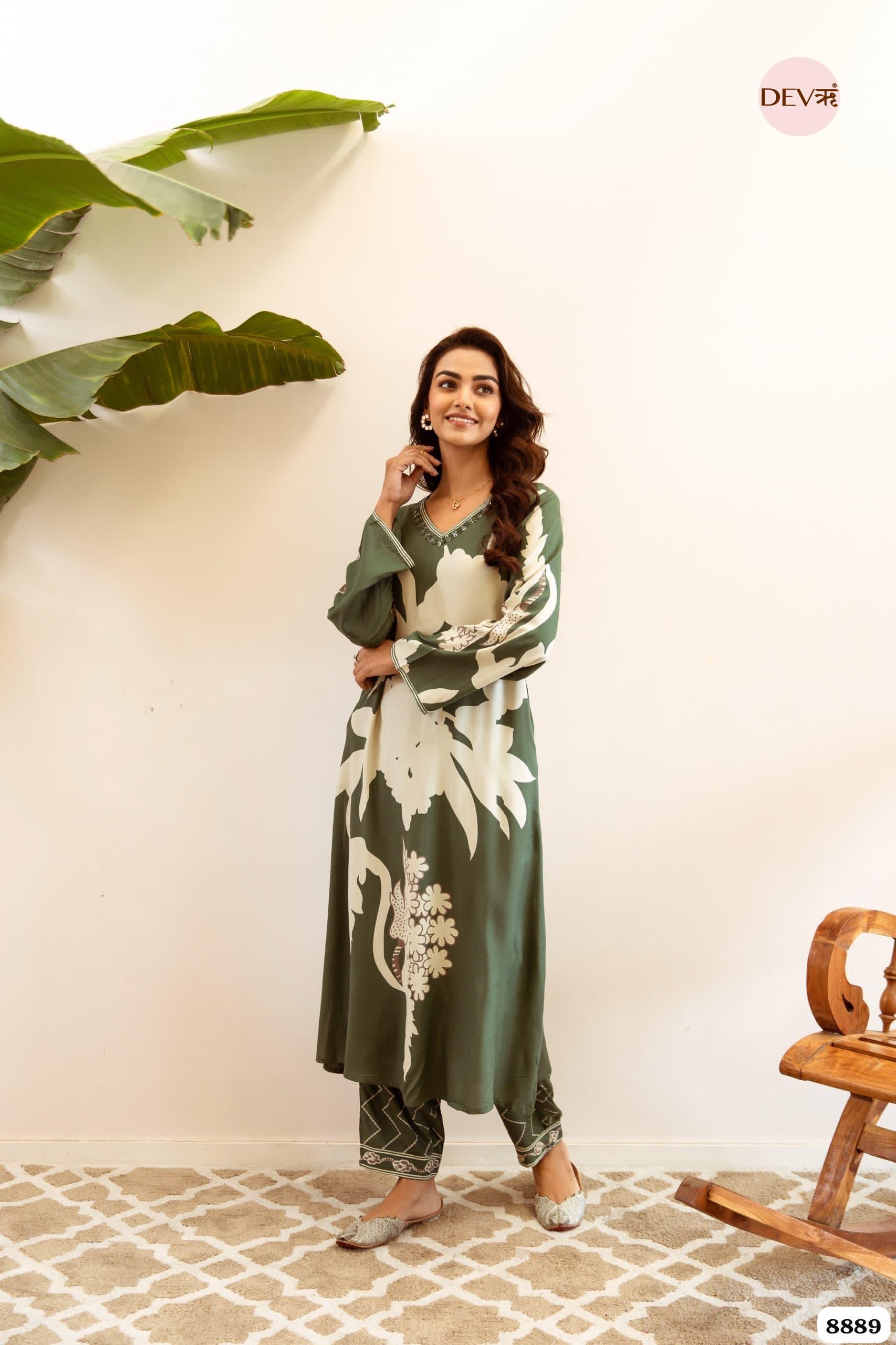 Green German Reyon Printed Ready Made Co-Ord -Set of 2