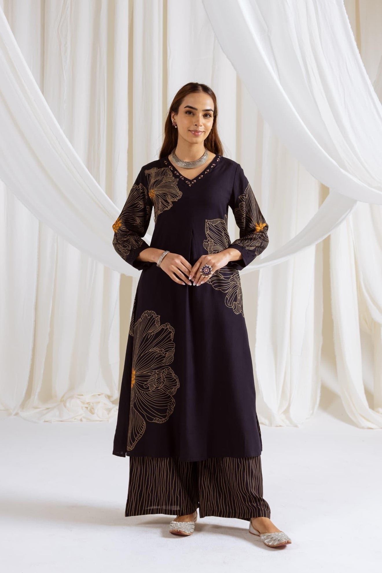 Black German Reyon Printed Ready Made Co-Ord -Set of 2 {8889}