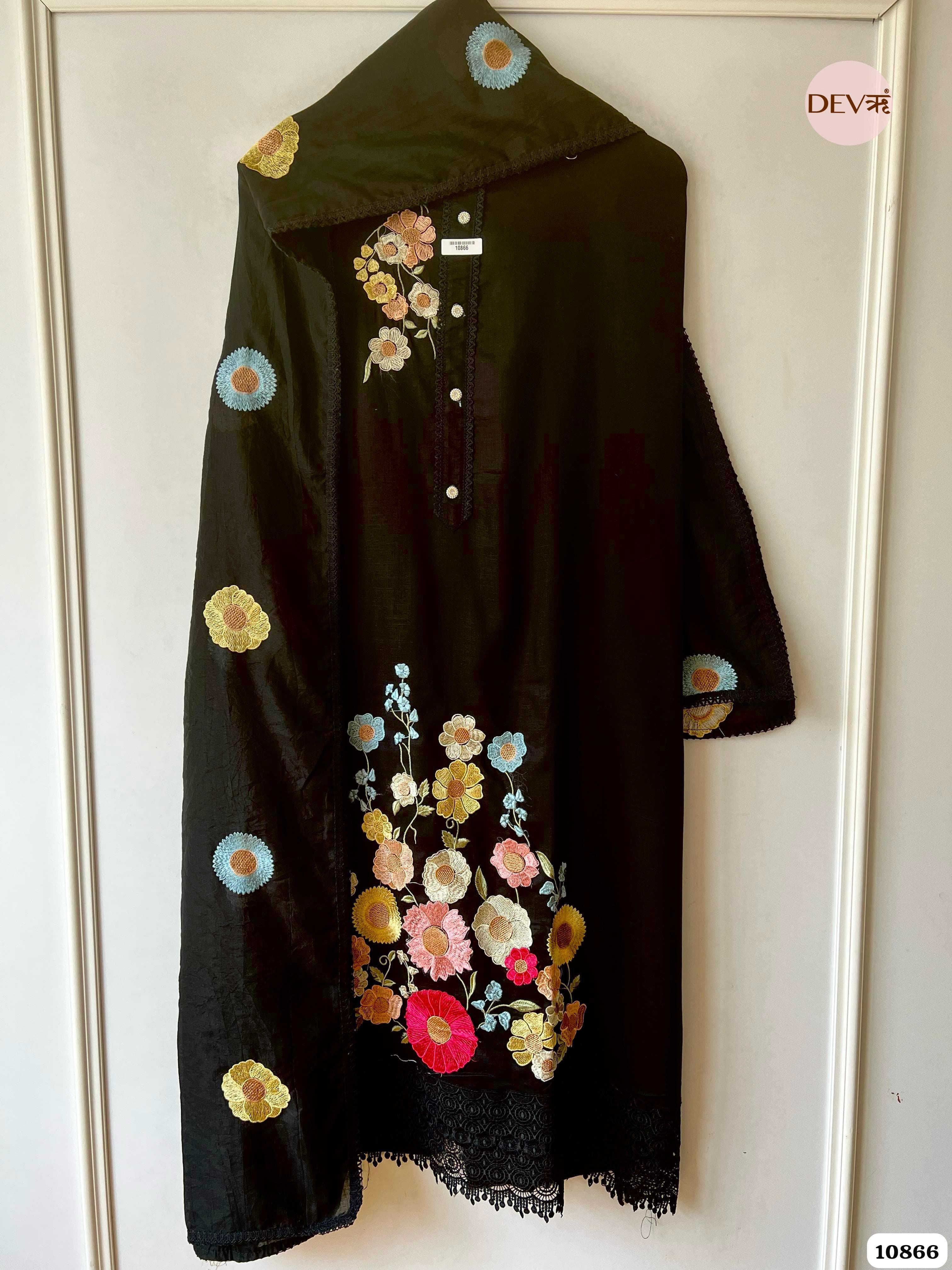 Black Cotton Slub Unstitched Embroidered -Set Of 3