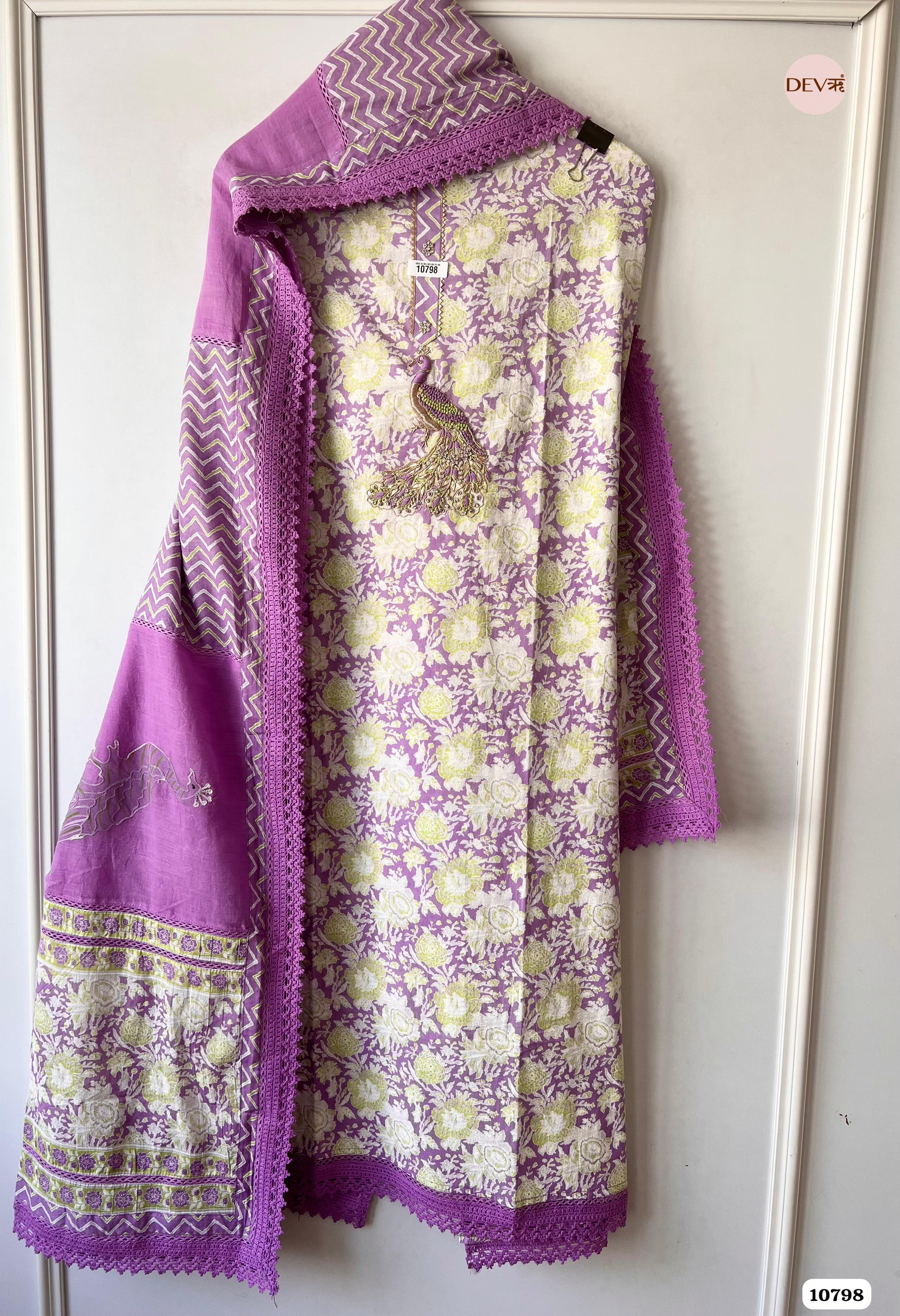 Purple Soft Cotton Jaipuri Printed Unstitched Hand Embroidered -Set Of 3 {10798}