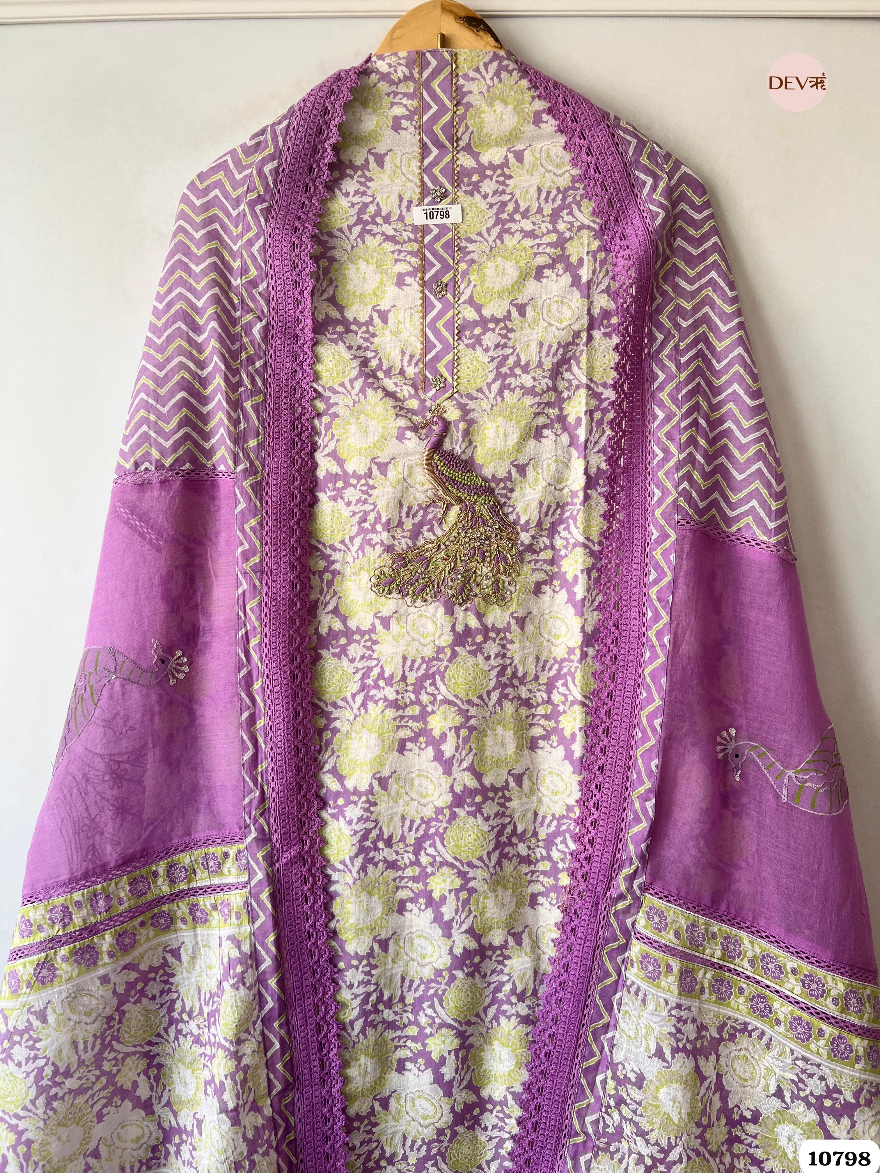Purple Soft Cotton Jaipuri Printed Unstitched Hand Embroidered -Set Of 3 {10798}