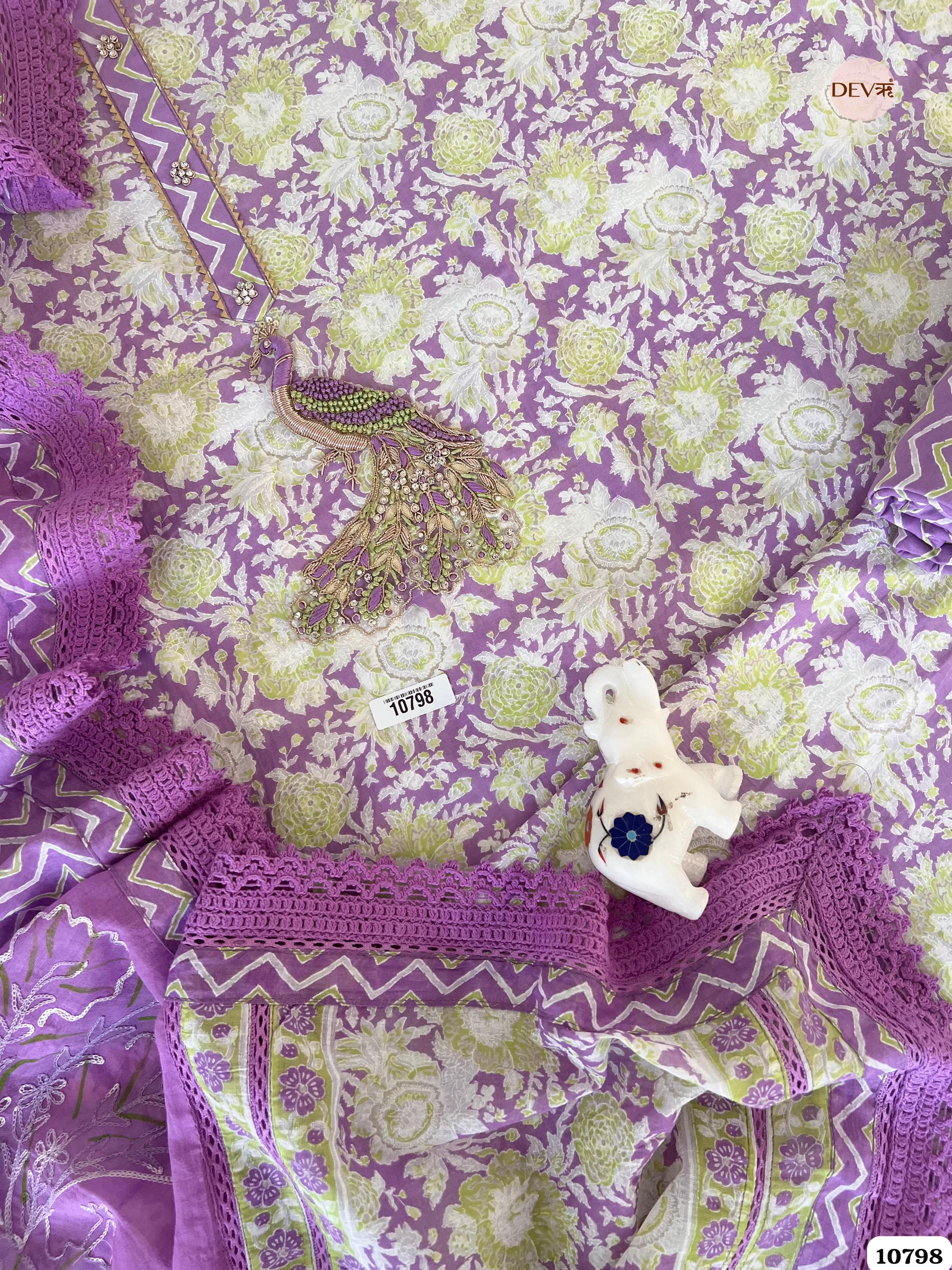 Purple Soft Cotton Jaipuri Printed Unstitched Hand Embroidered -Set Of 3 {10798}