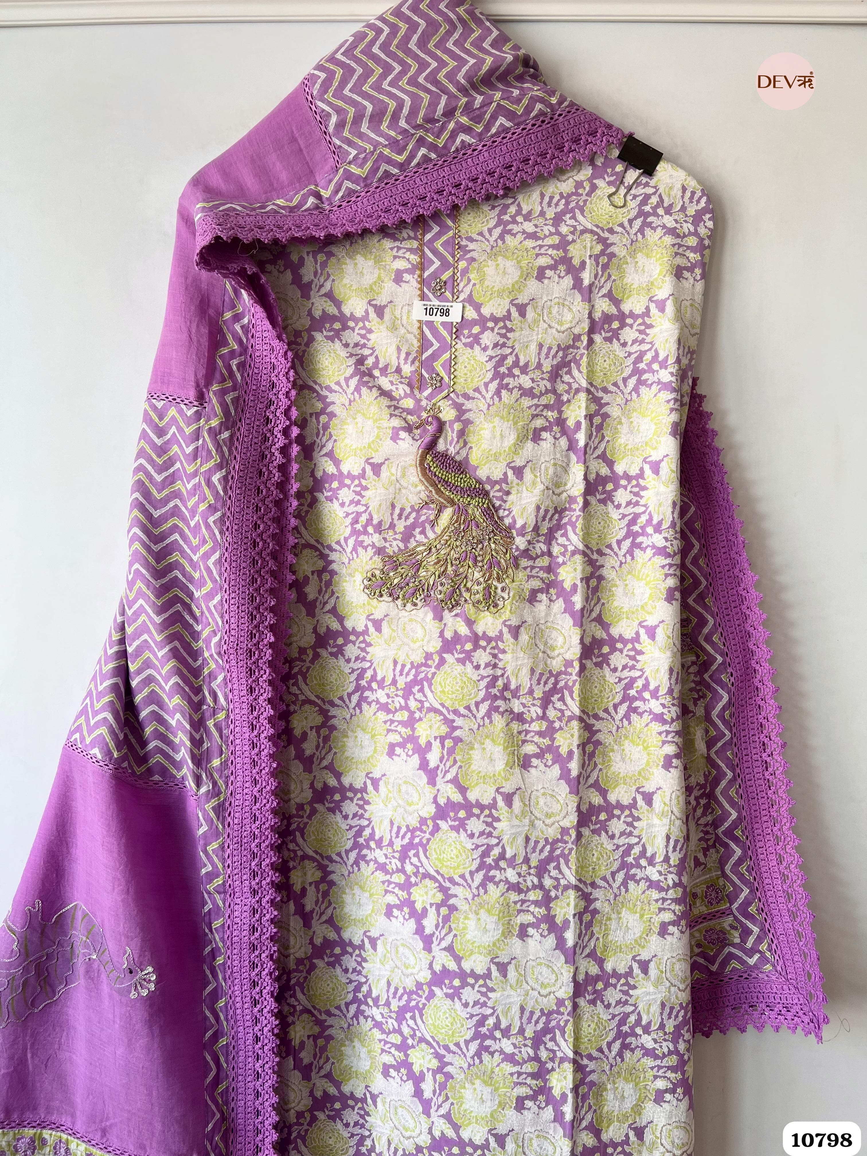 Purple Soft Cotton Jaipuri Printed Unstitched Hand Embroidered -Set Of 3 {10798}