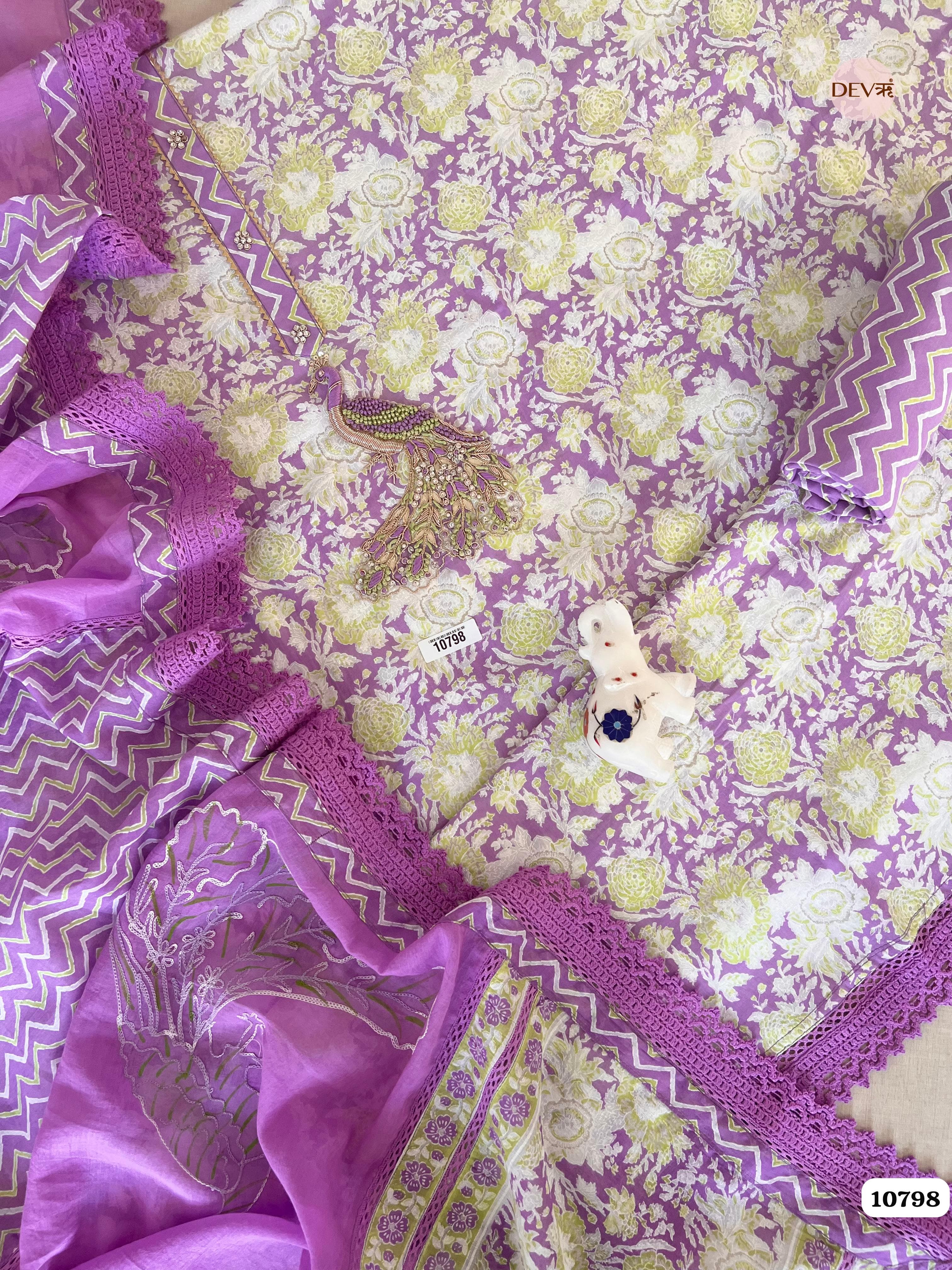 Purple Soft Cotton Jaipuri Printed Unstitched Hand Embroidered -Set Of 3 {10798}