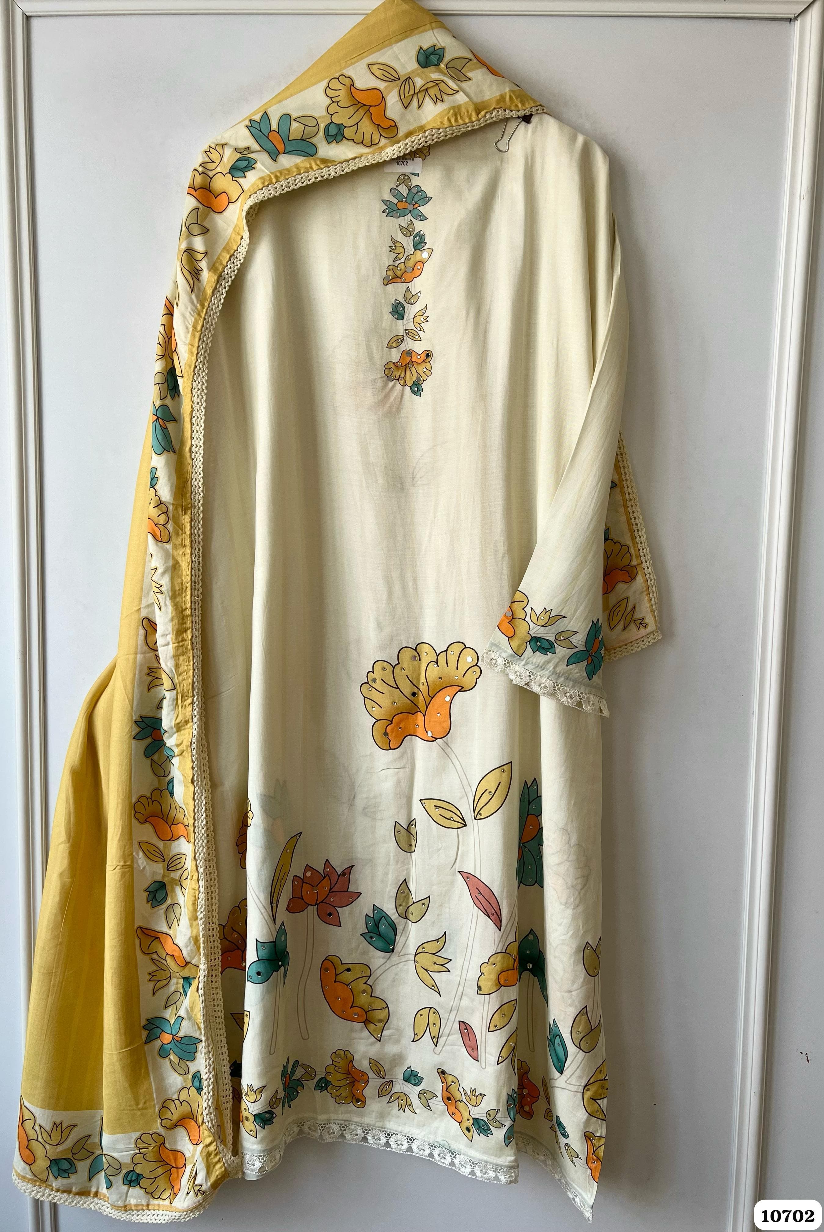Yellow Muslin Semi Stitched Printed Mirror Emroidered -Set Of 3