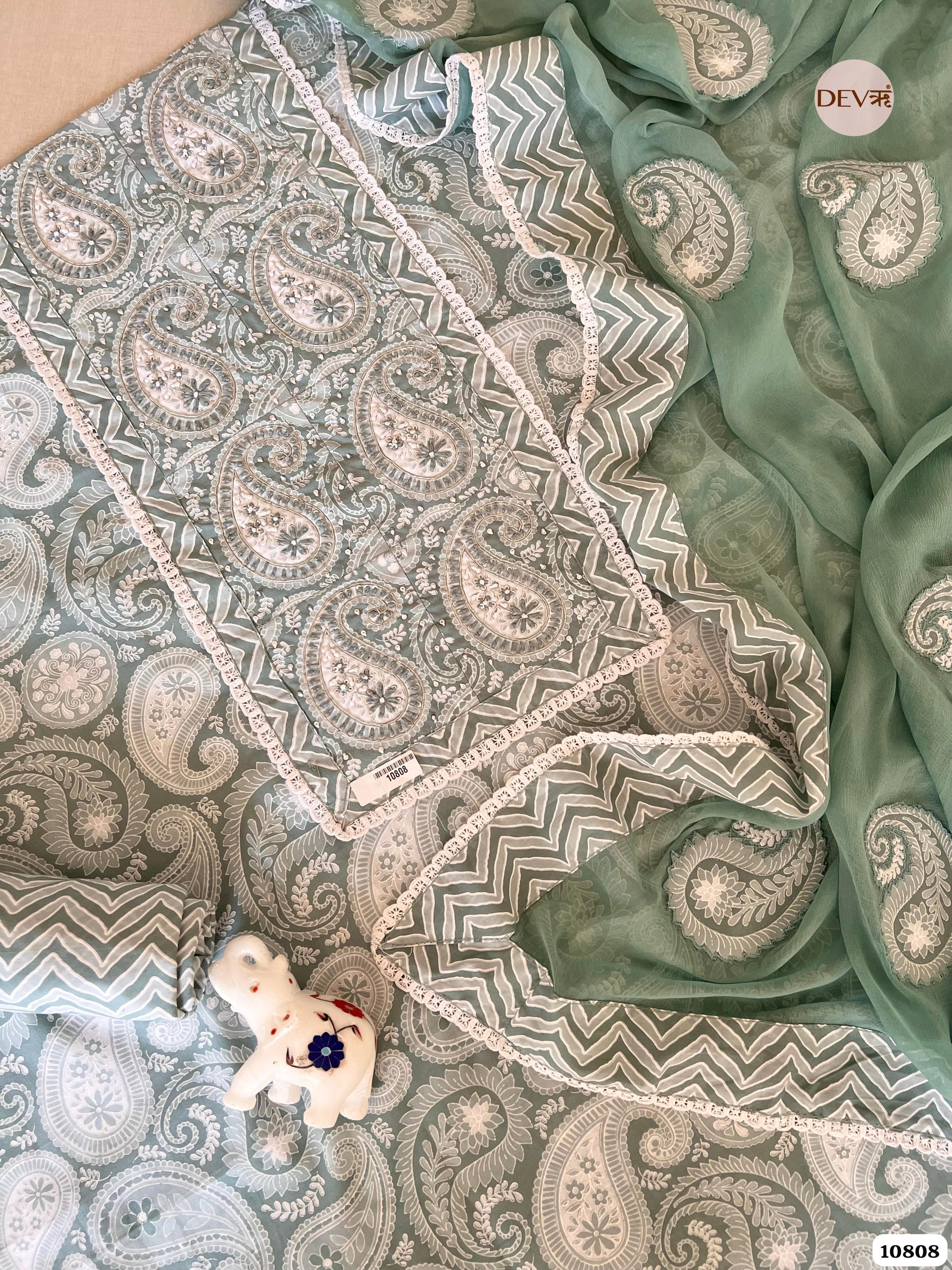 Green Cotton Jaipuri Block Printed Hand Embroidered -Set Of 3 {10808}