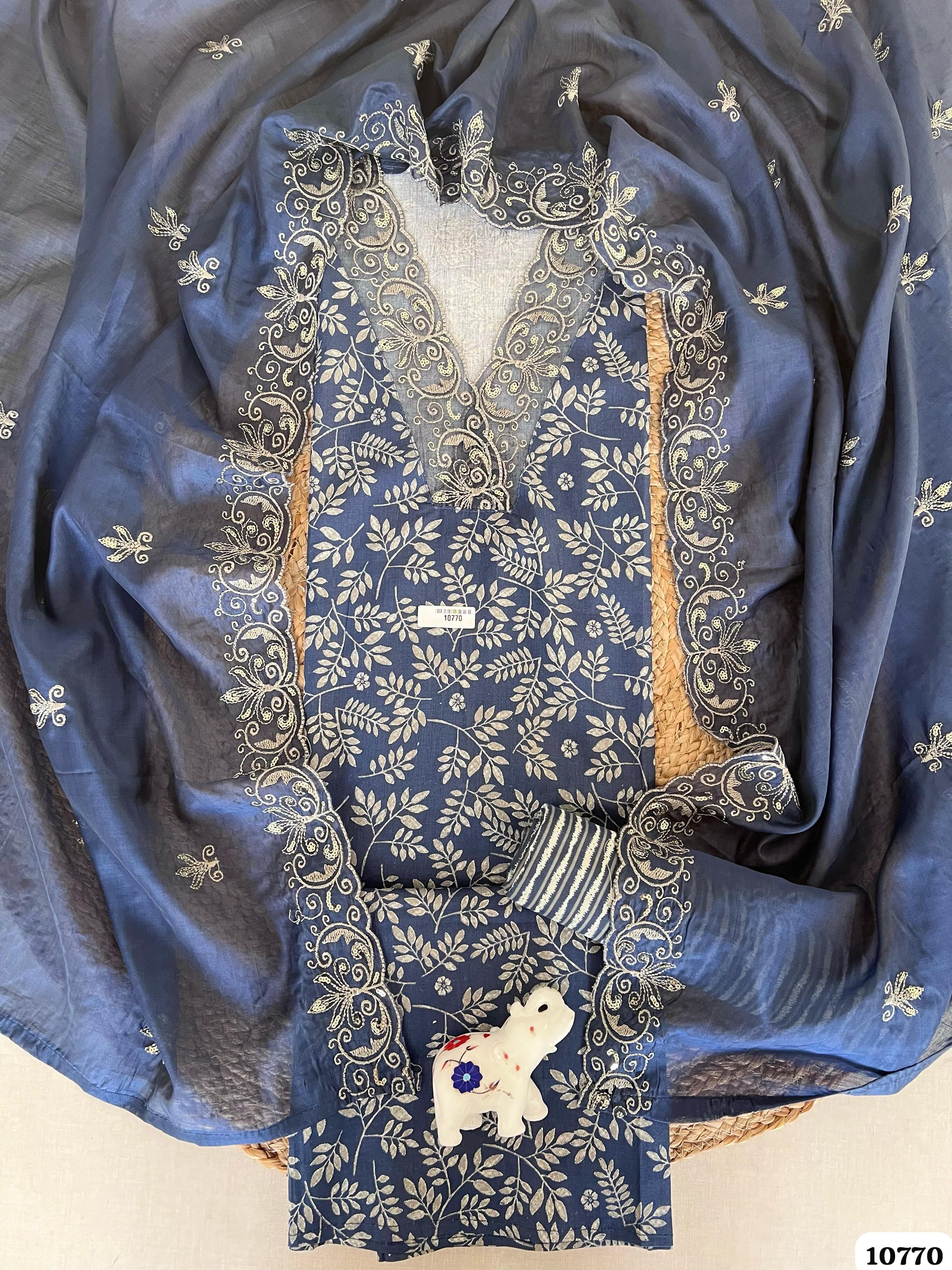 Blue Cotton Unstitched Printed Embroidered -Set Of 3