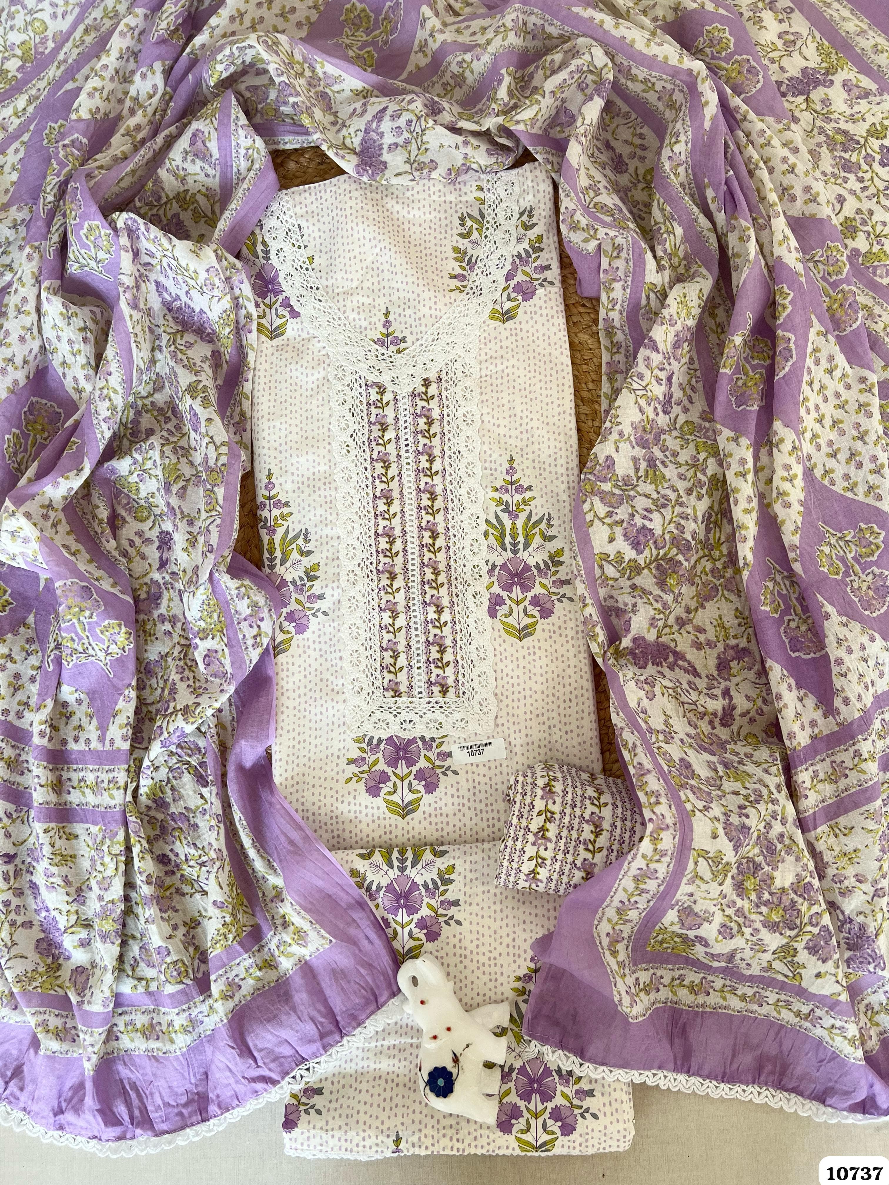 Purple Cotton Unstitched Jaipuri Printed Lace -Set Of 3 {10737}