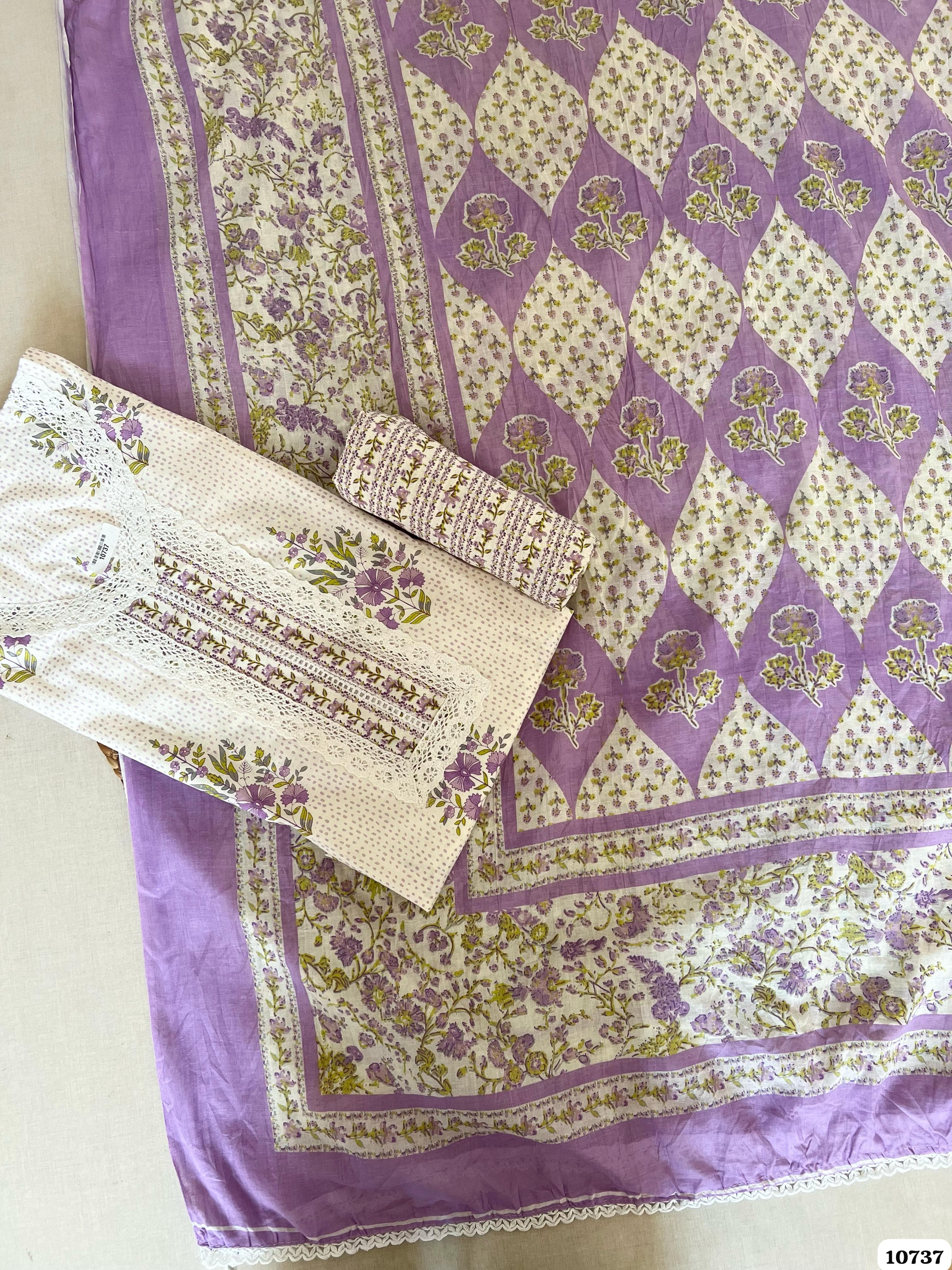 Purple Cotton Unstitched Jaipuri Printed Lace -Set Of 3 {10737}
