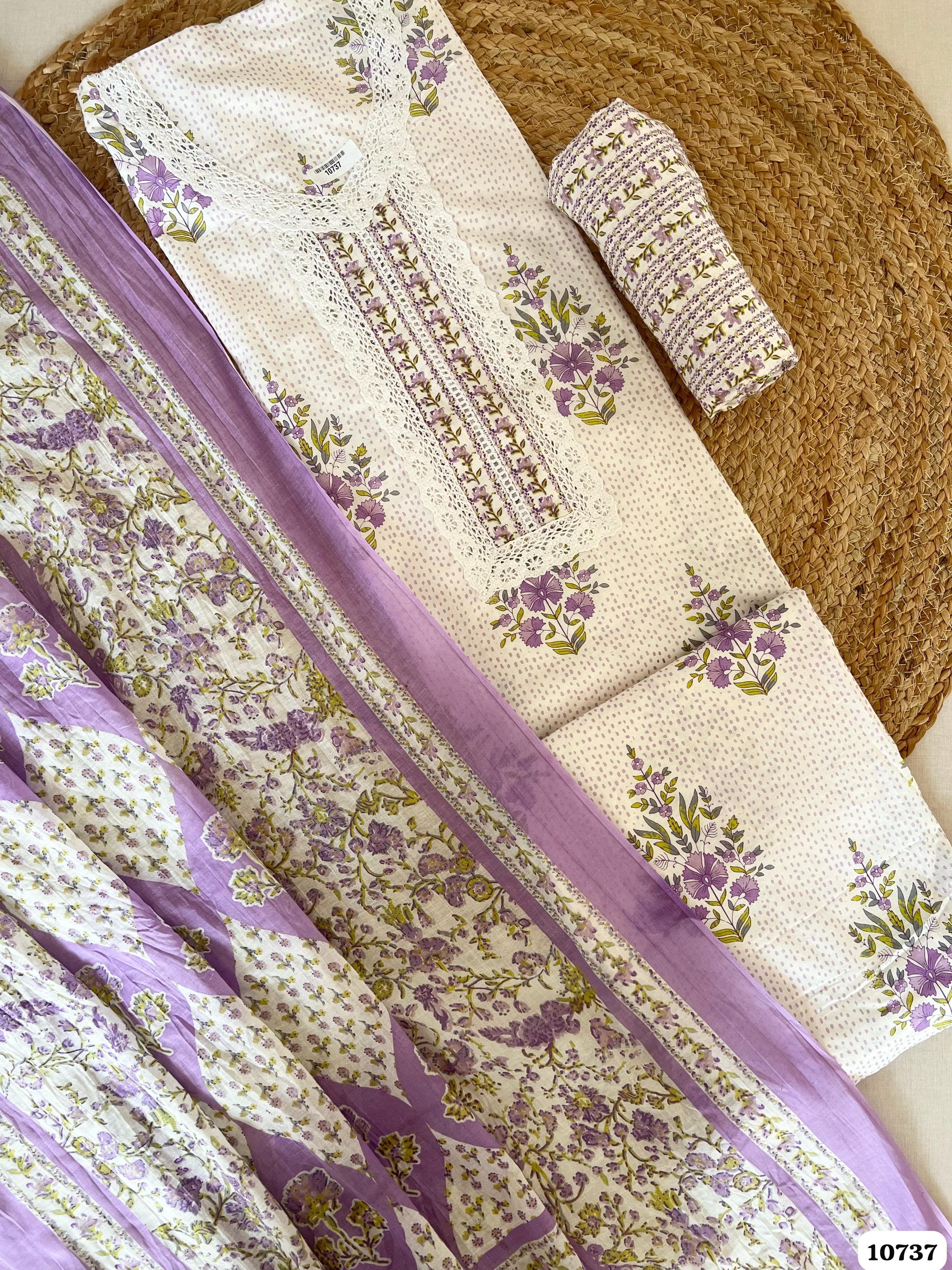 Purple Cotton Unstitched Jaipuri Printed Lace -Set Of 3 {10737}