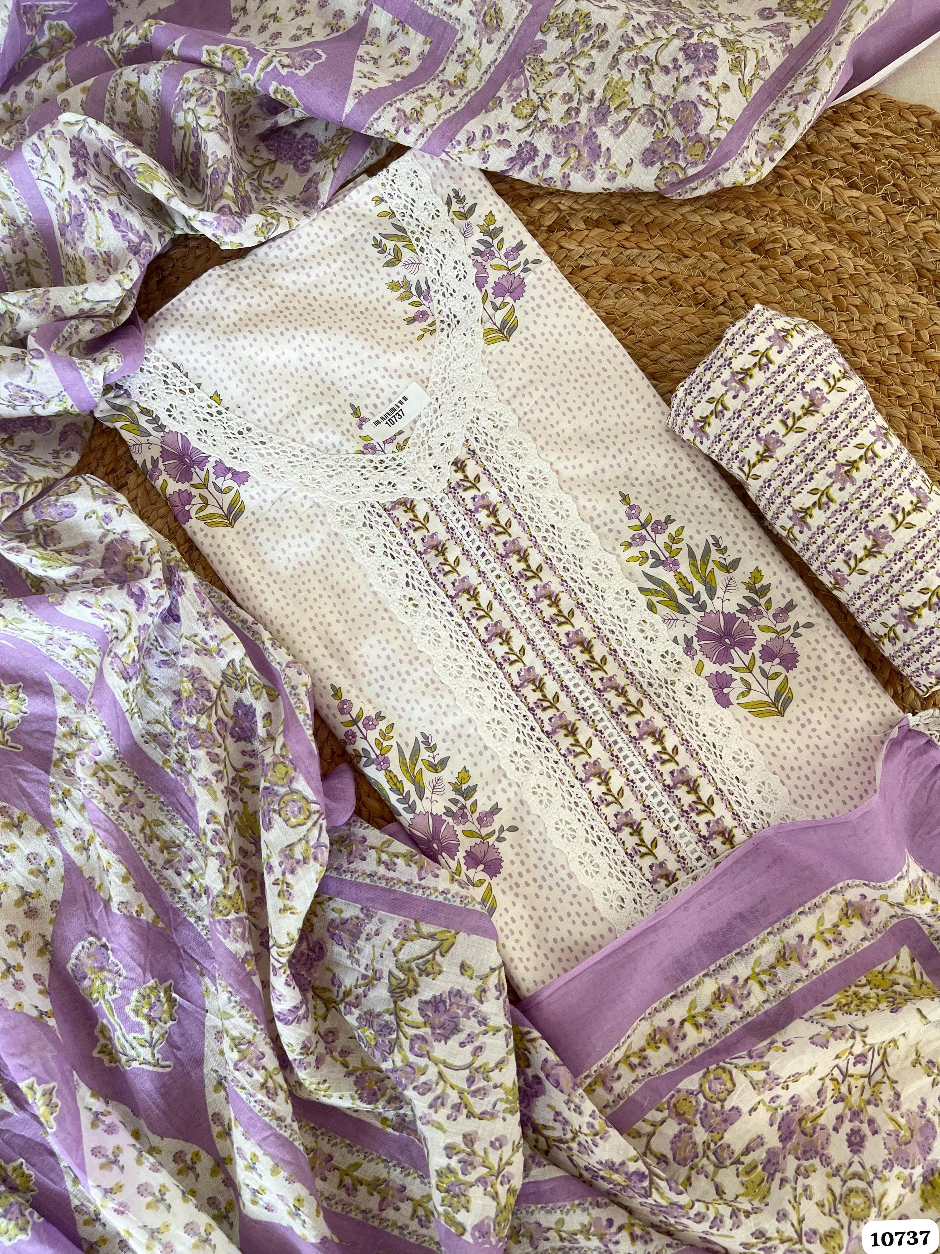 Purple Cotton Unstitched Jaipuri Printed Lace -Set Of 3 {10737}