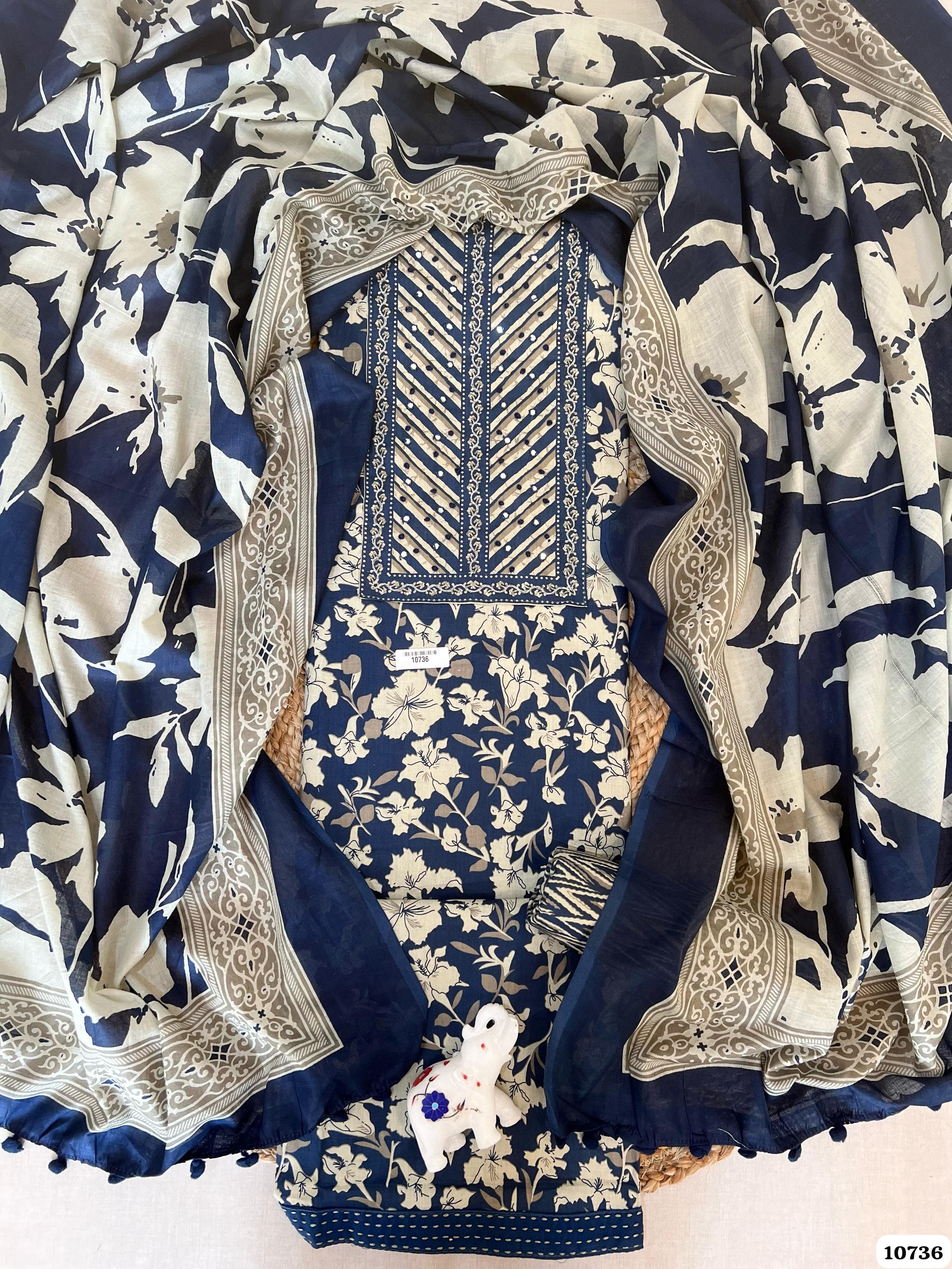Blue cotton unstitched printed embroidered -Set Of 3