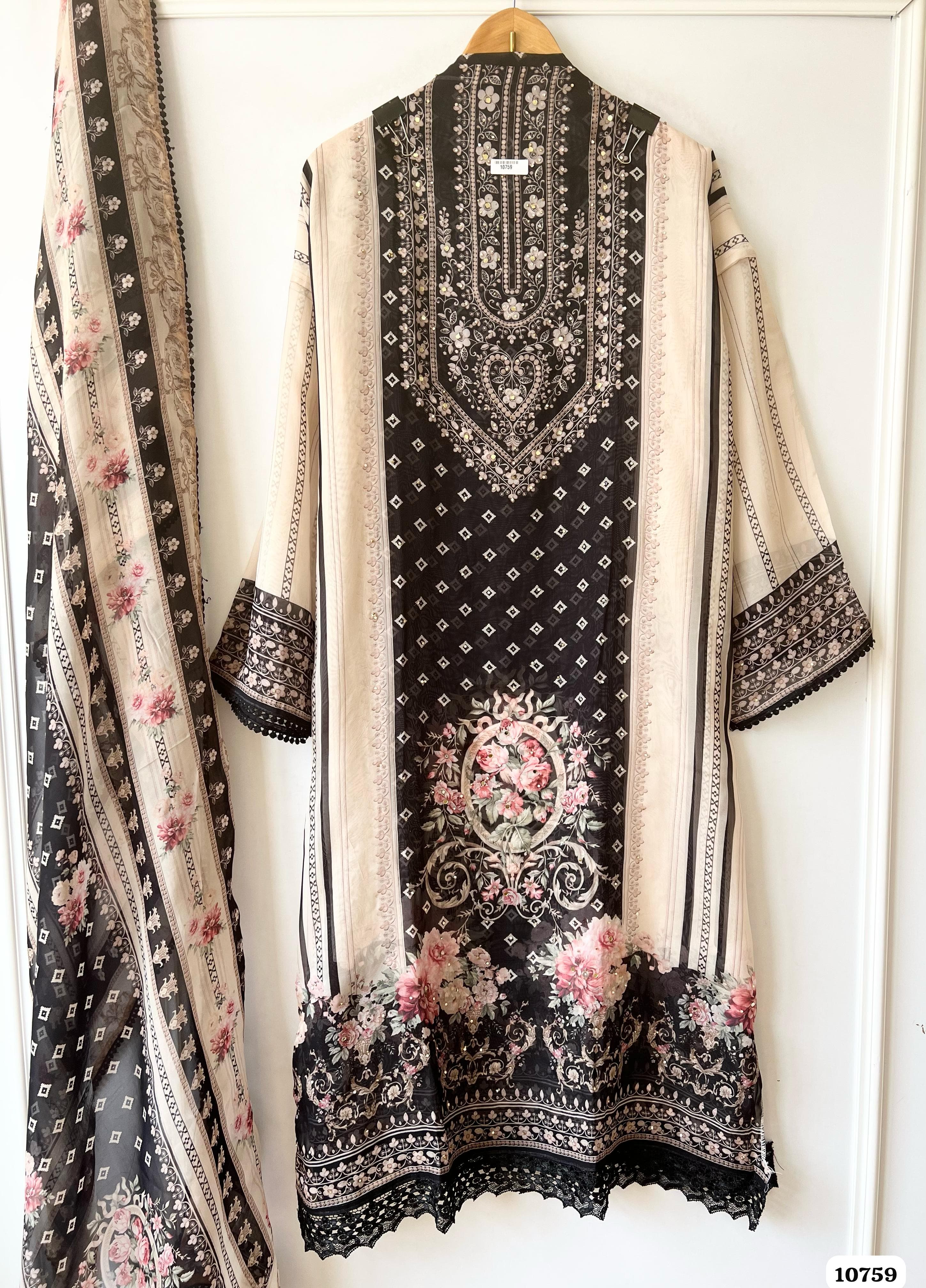 Black Organza Semi Stitched Printed Mirror -Set Of 3 {10759}