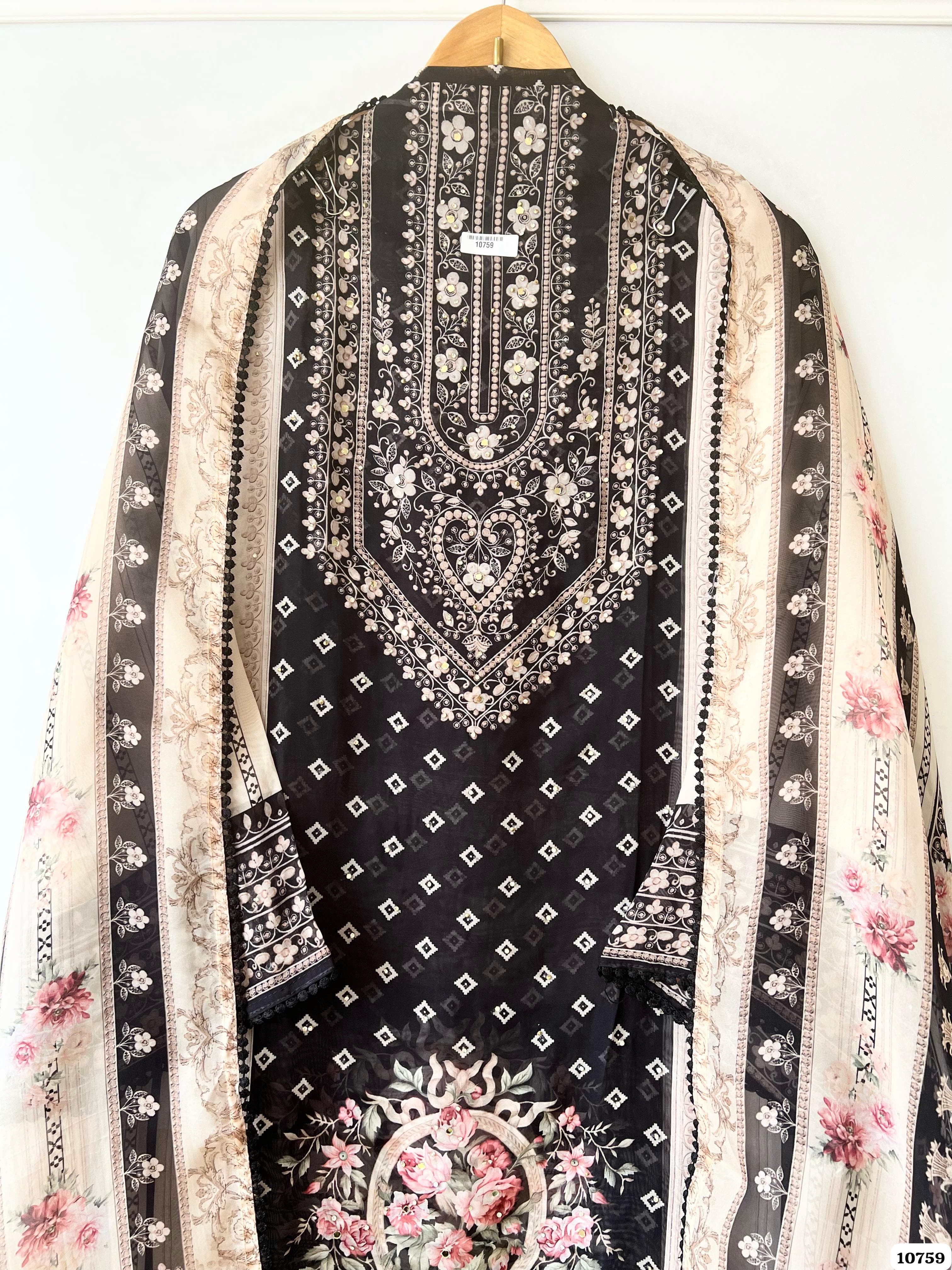 Black Organza Semi Stitched Printed Mirror -Set Of 3 {10759}