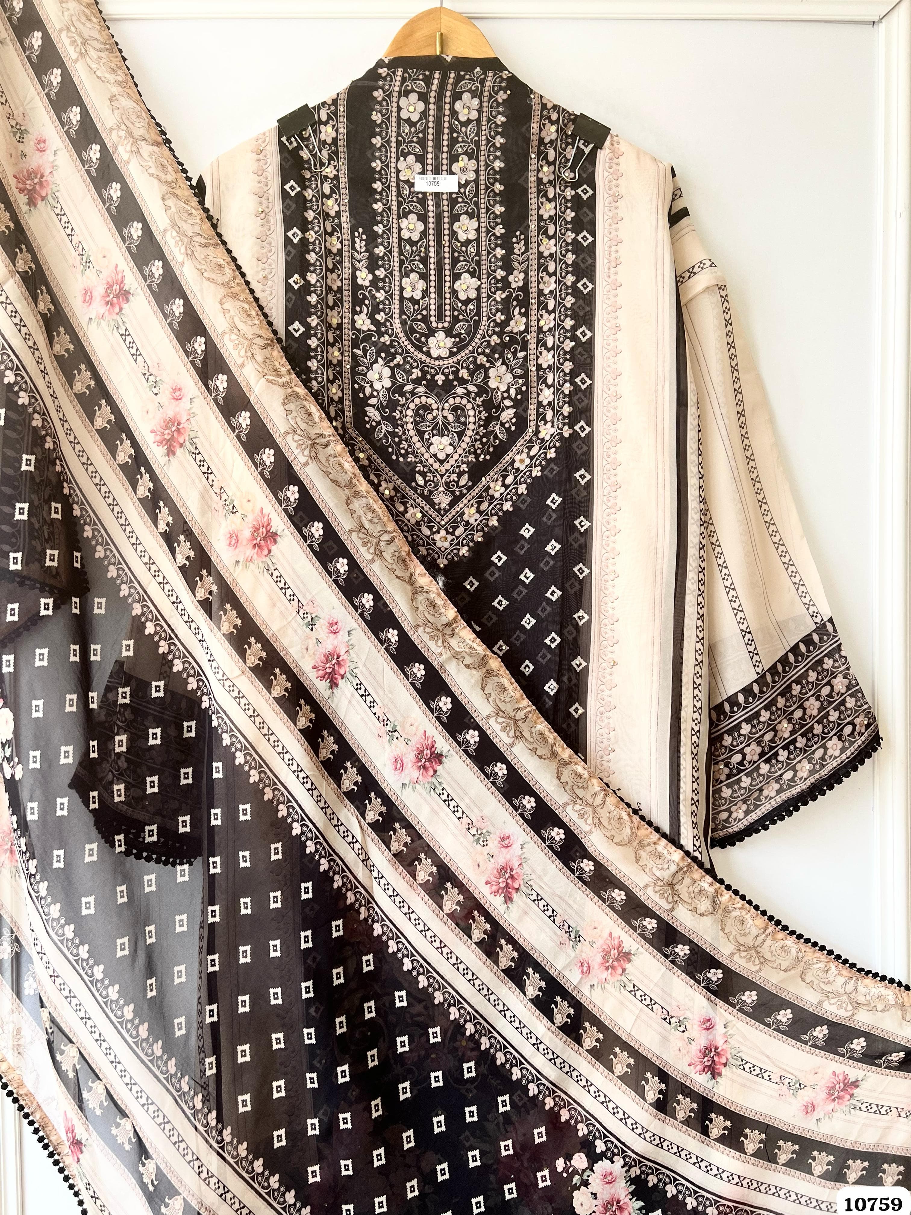 Black Organza Semi Stitched Printed Mirror -Set Of 3 {10759}