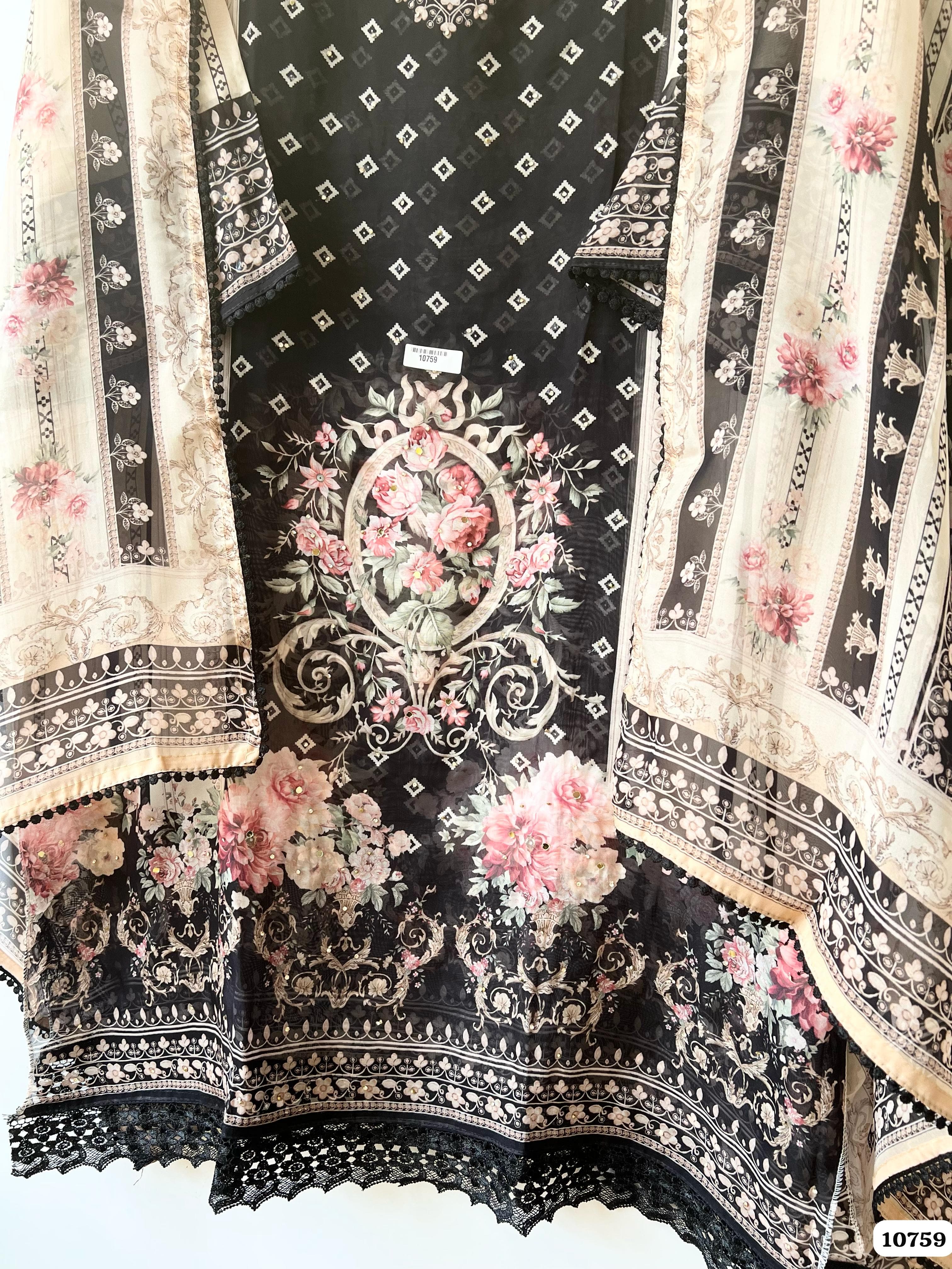 Black Organza Semi Stitched Printed Mirror -Set Of 3 {10759}