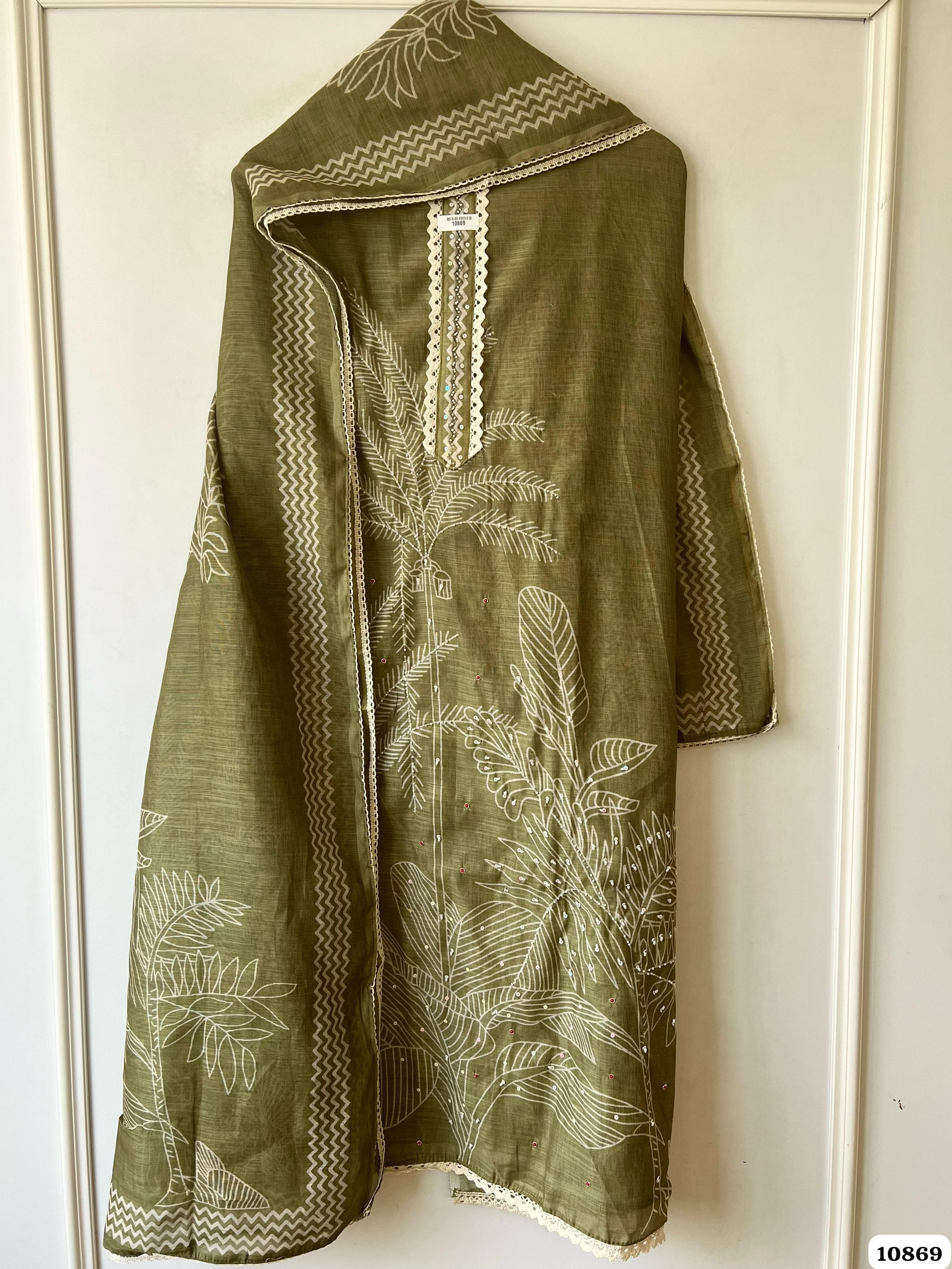 Green Linen Unstitched Printed Hand Embroidered -Set Of 3