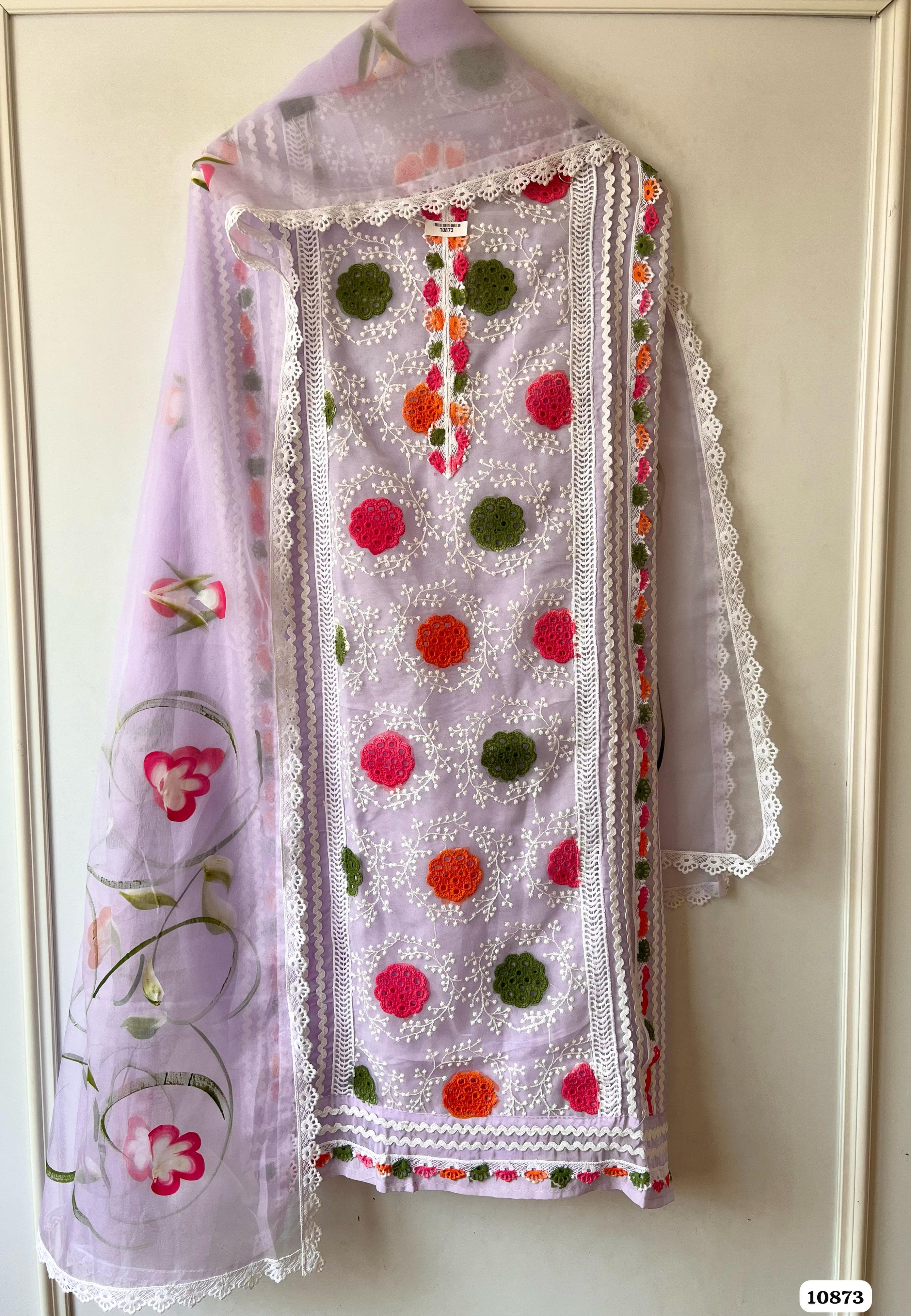 Light Pink Organza Unstitched Printed Embroidered Crocia Laces -Set Of 3 {10873}