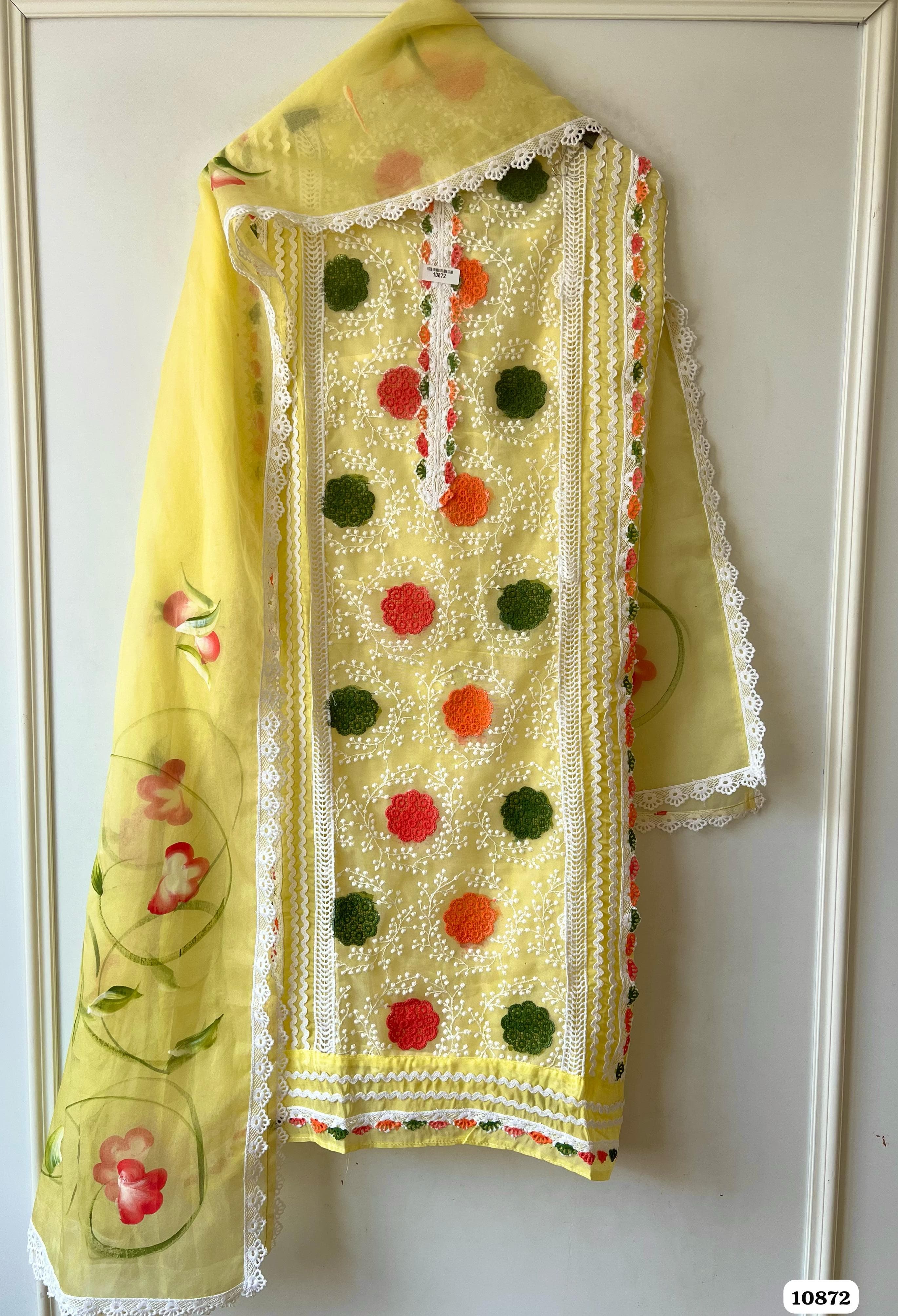 Sunny Yellow Organza Unstitched Printed Embroidered Crocia Laces -Set Of 3 {10872}