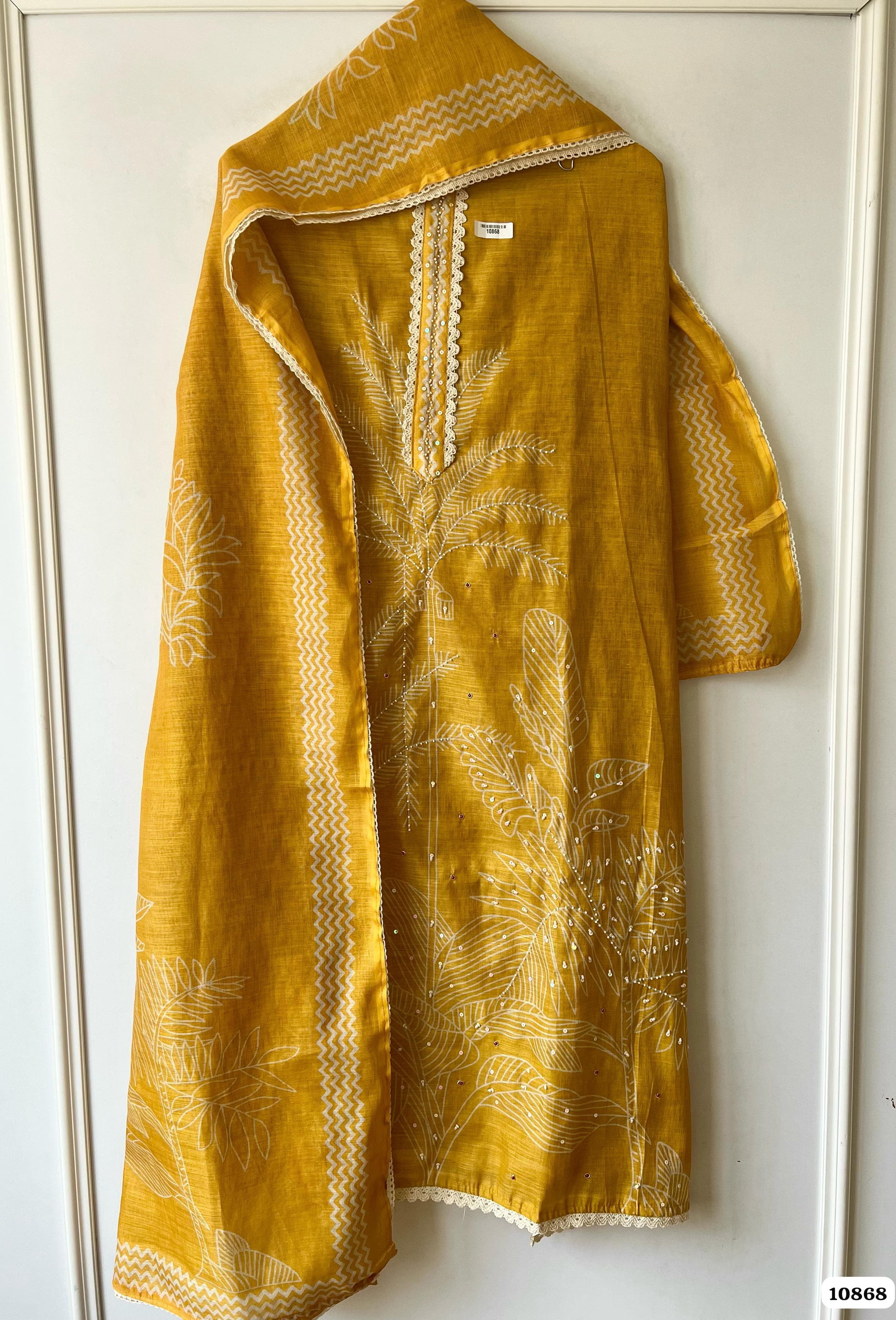 Yellow Linen Unstitched Printed Hand Embroidered -Set Of 3