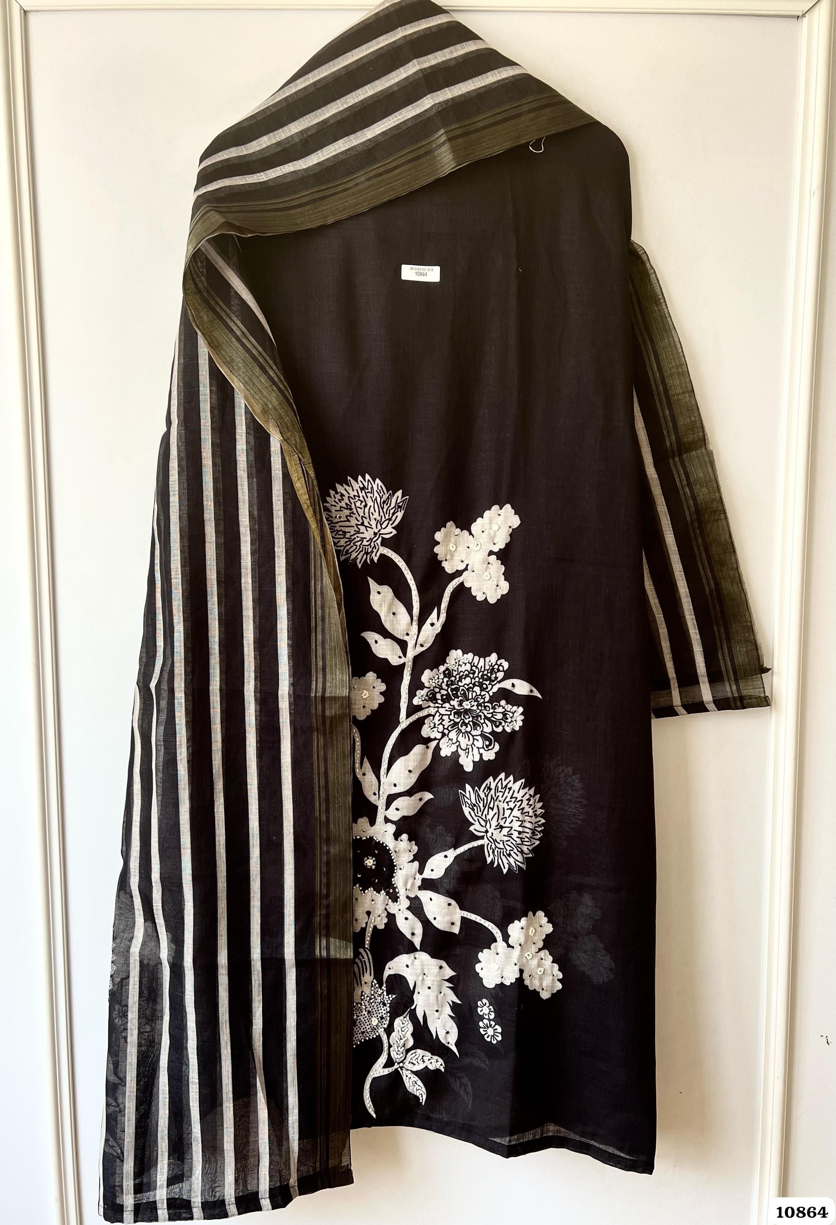 Black Linen Unstitched Printed Hand Embroidered -Set Of 3 {10864}