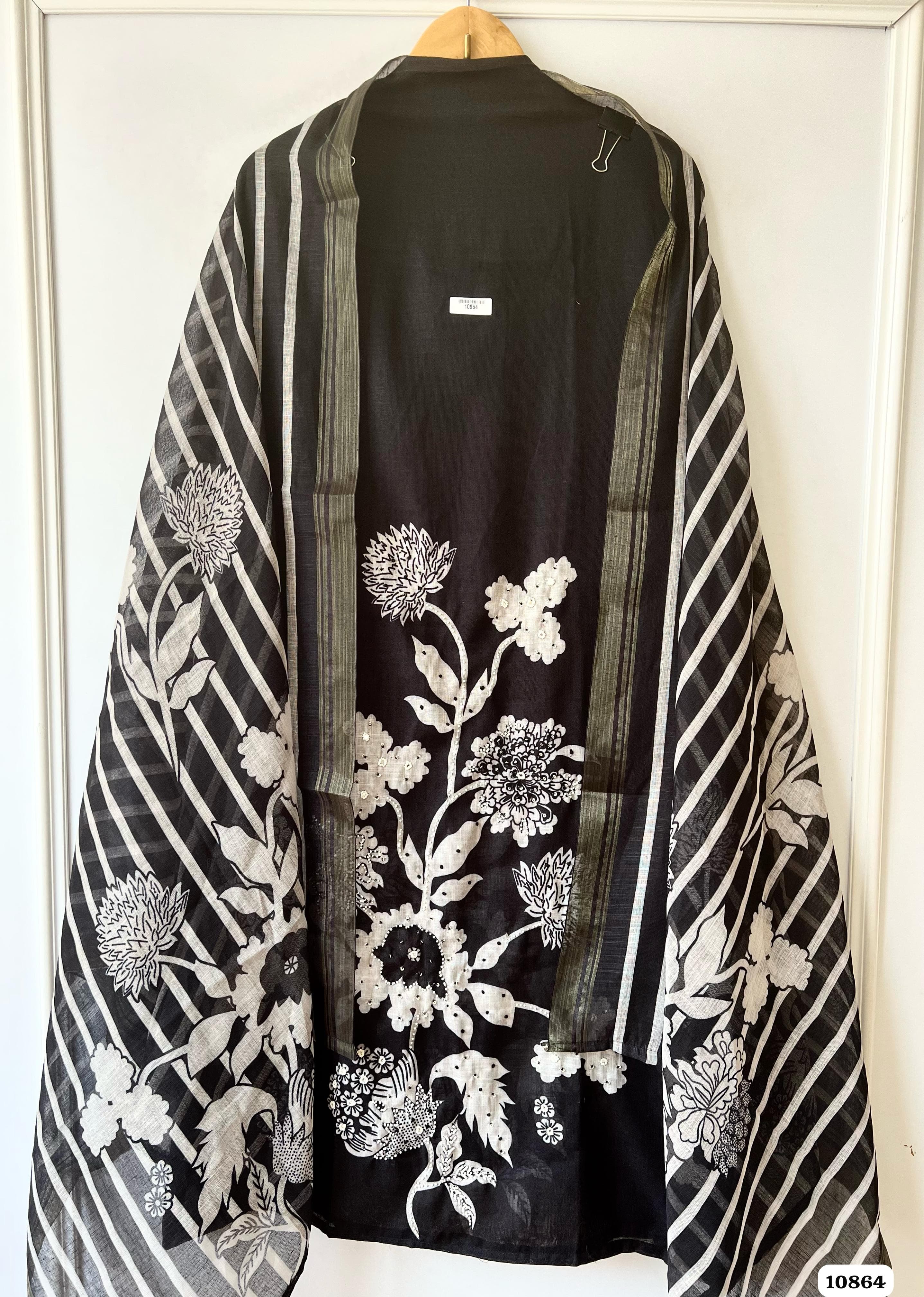 Black Linen Unstitched Printed Hand Embroidered -Set Of 3 {10864}