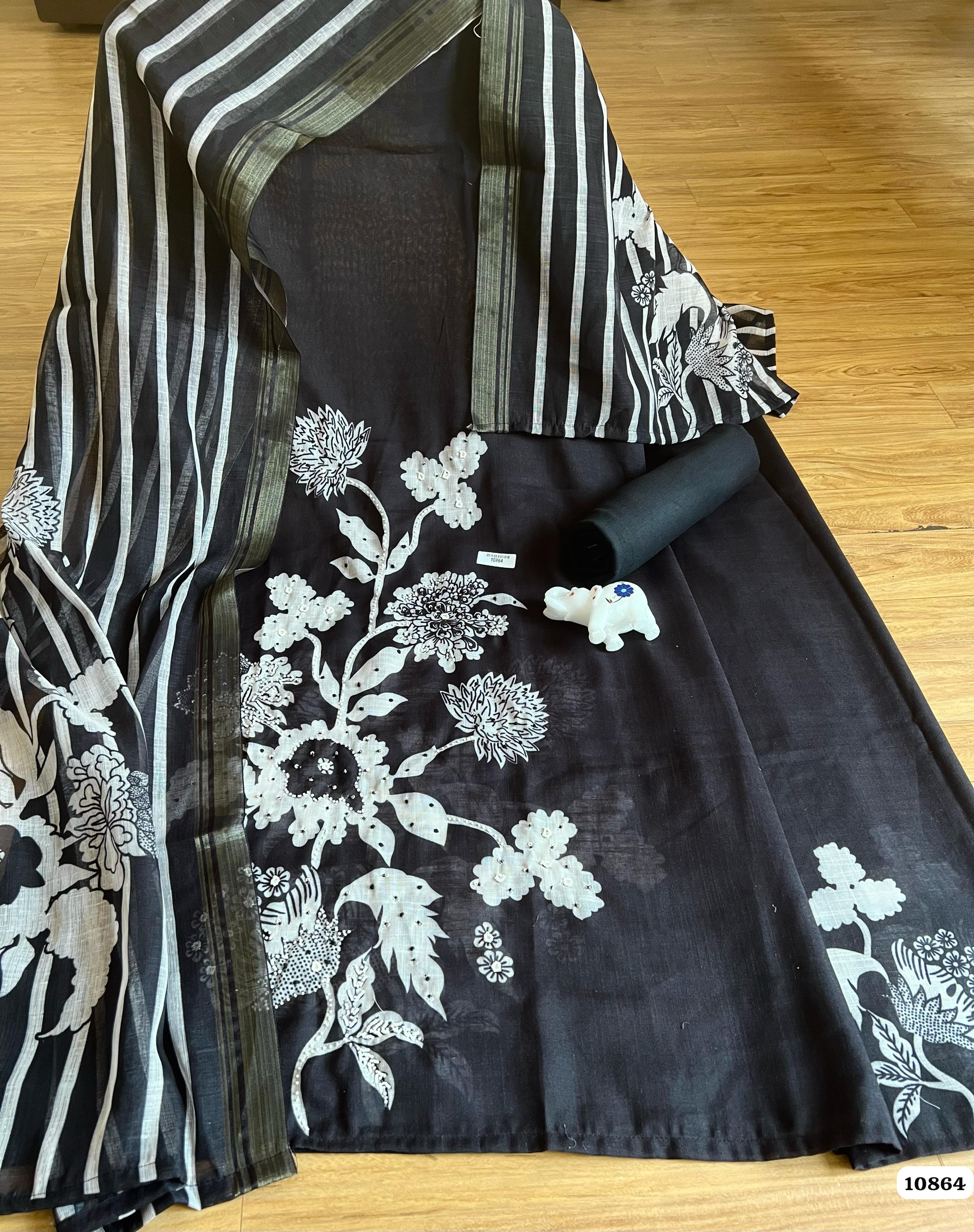 Black Linen Unstitched Printed Hand Embroidered -Set Of 3 {10864}