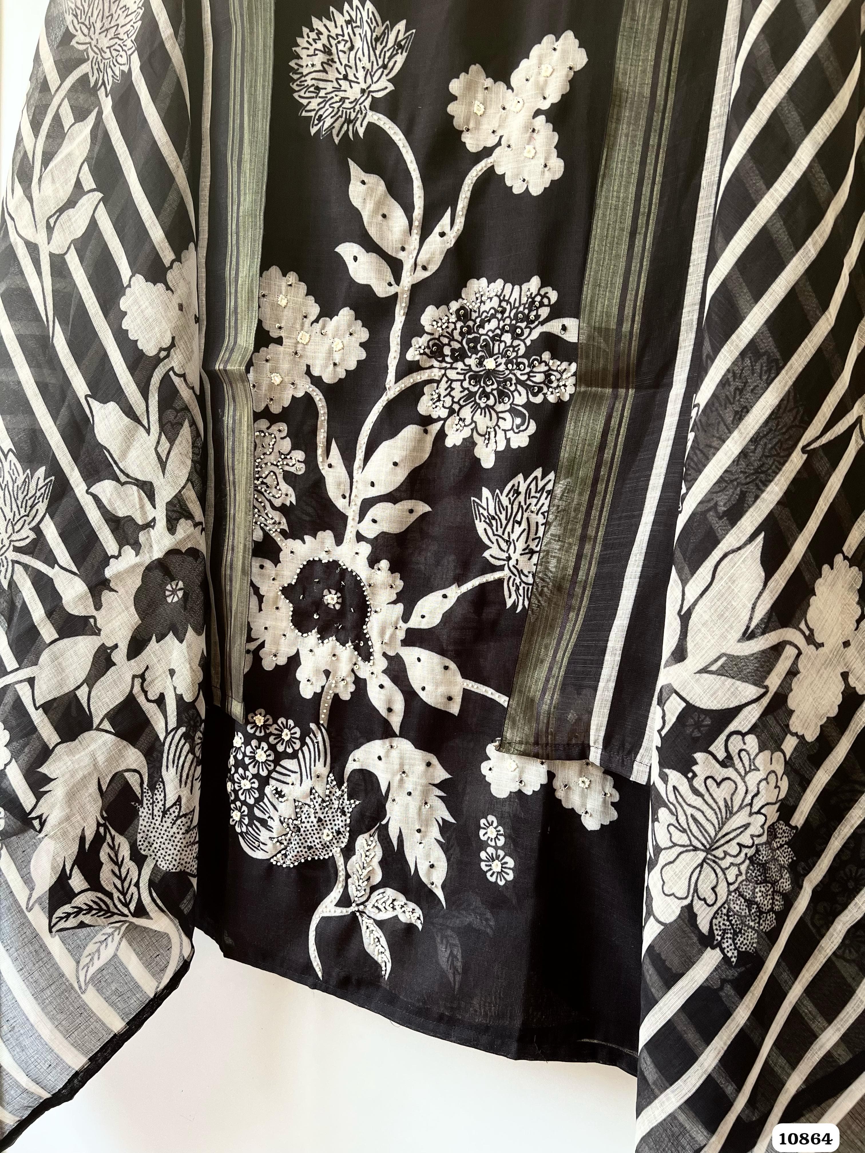Black Linen Unstitched Printed Hand Embroidered -Set Of 3 {10864}