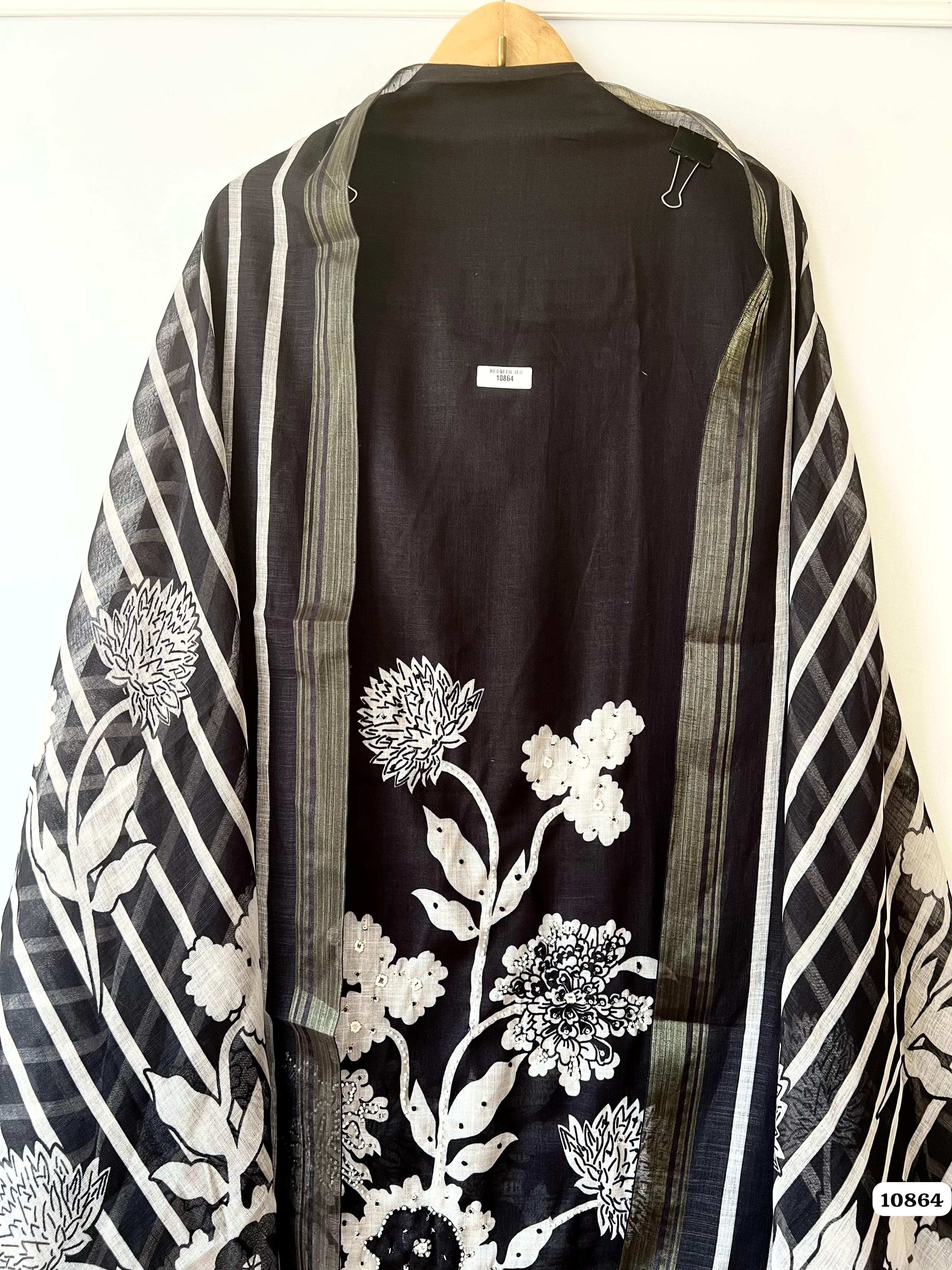 Black Linen Unstitched Printed Hand Embroidered -Set Of 3 {10864}