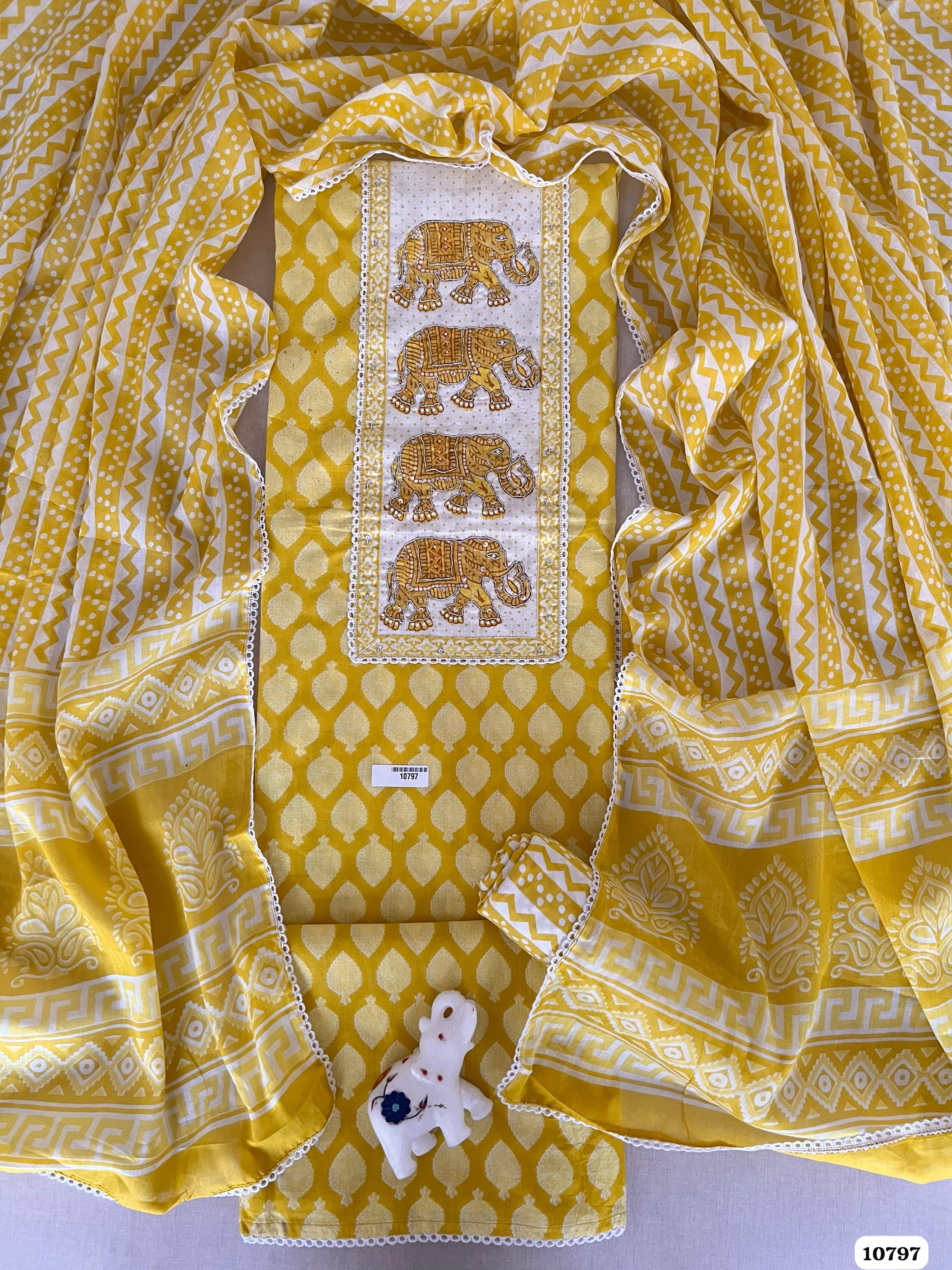 Yellow Cotton Jaipuri Printed Hand Embroidered -Set Of 3 {10797}