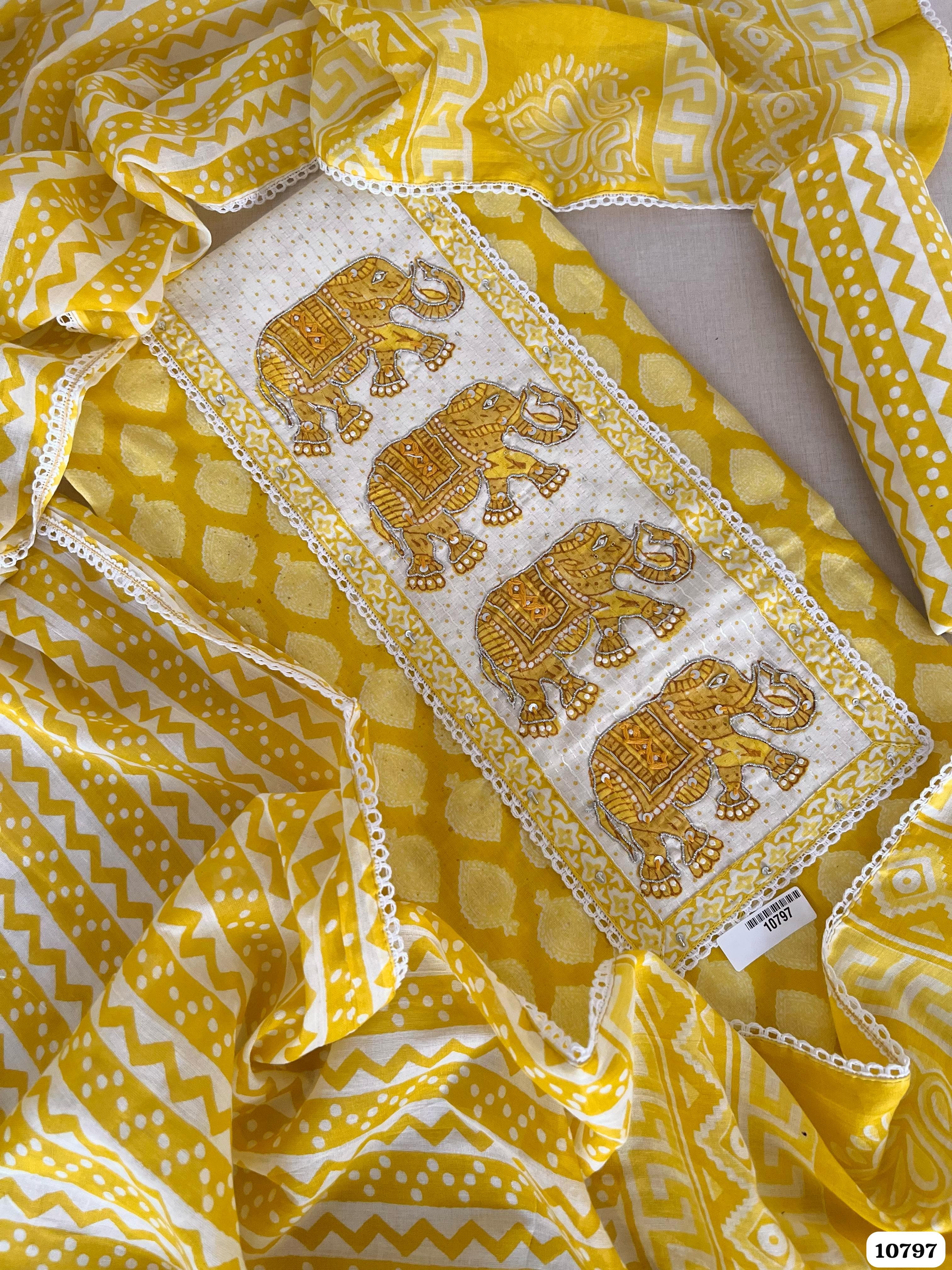 Yellow Cotton Jaipuri Printed Hand Embroidered -Set Of 3 {10797}