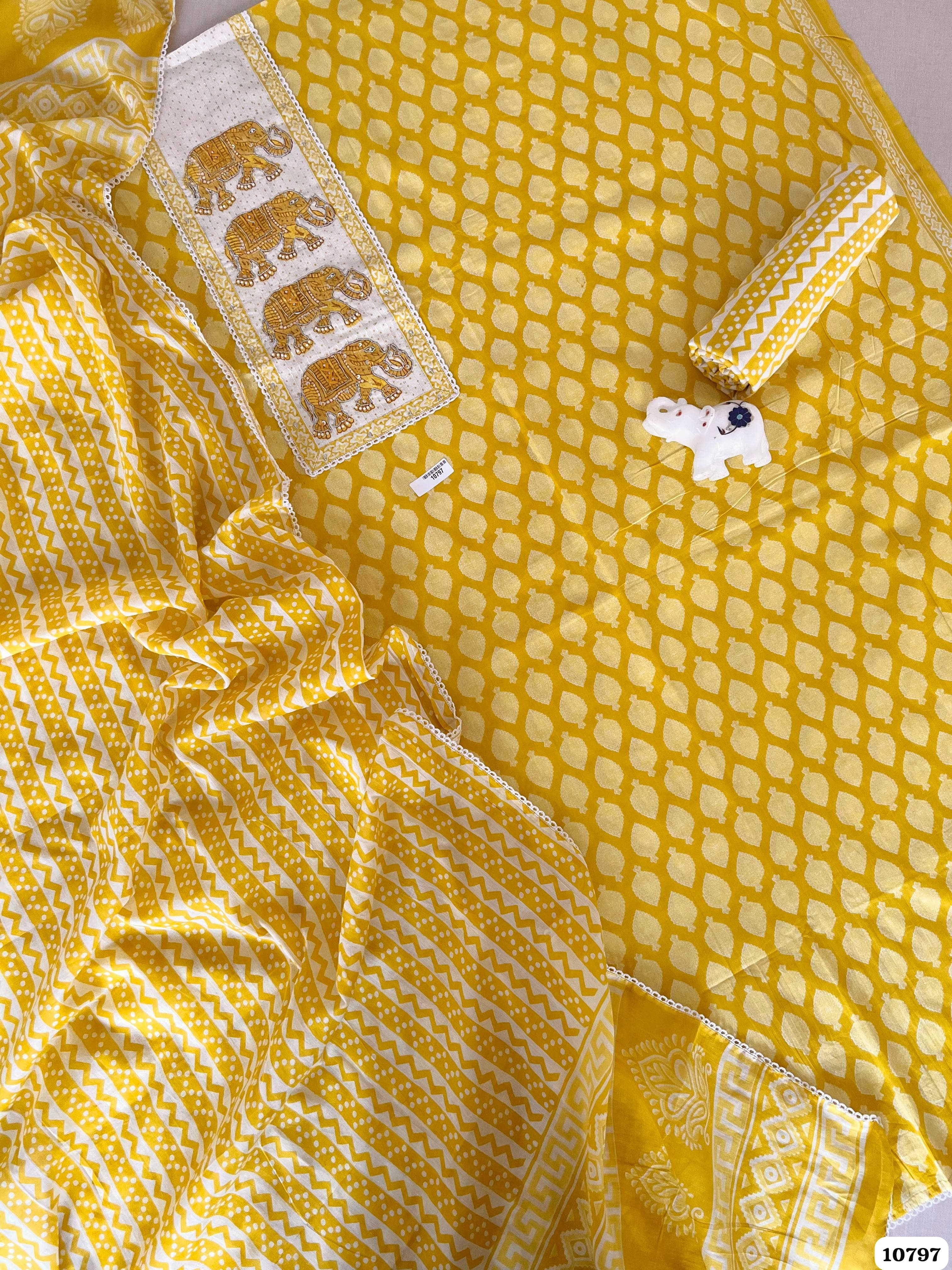 Yellow Cotton Jaipuri Printed Hand Embroidered -Set Of 3 {10797}