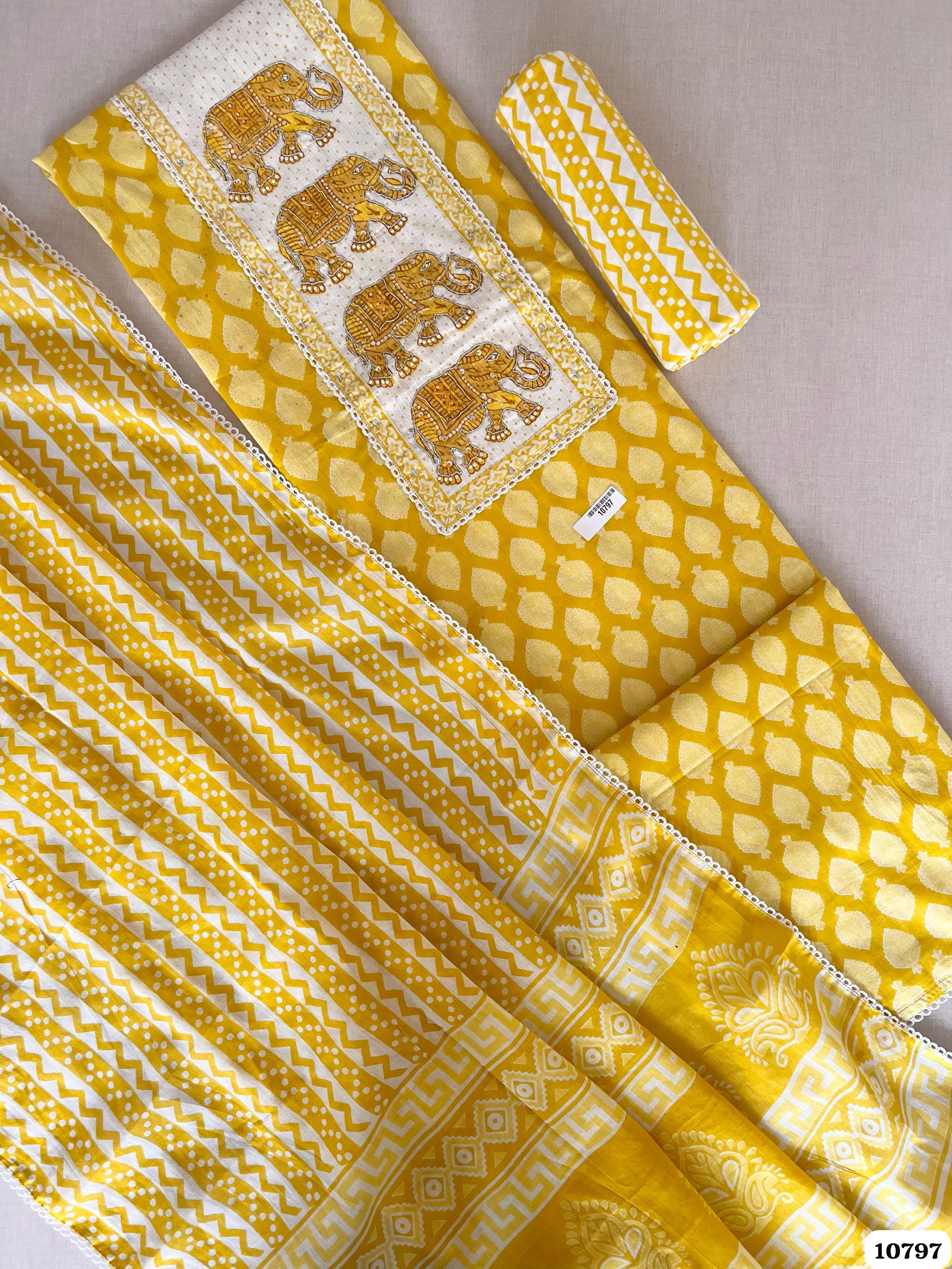 Yellow Cotton Jaipuri Printed Hand Embroidered -Set Of 3 {10797}